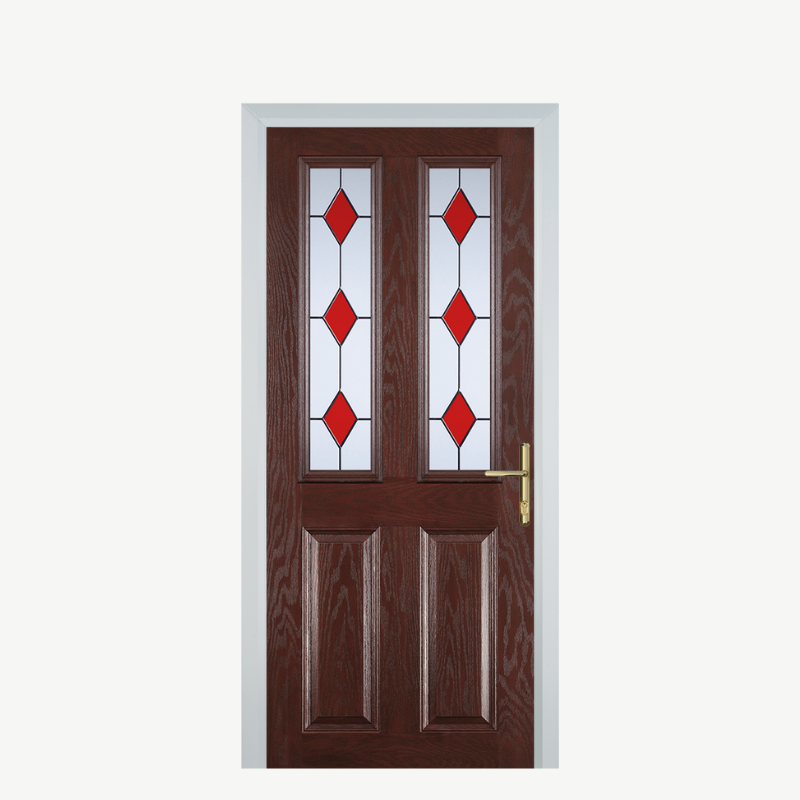 Door C 2 Panel 2 Square Dark Wood 3 Drop Diamond Red image 0