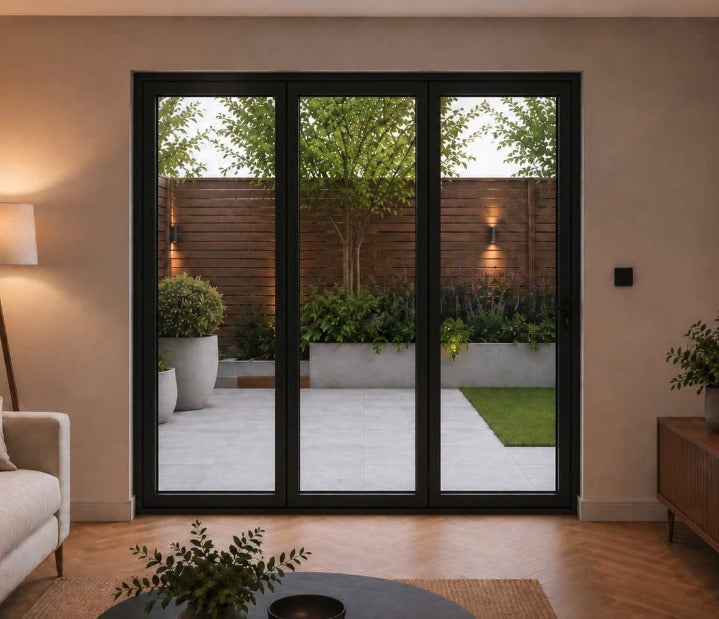 black sliding glass patio doors opening onto a garden
