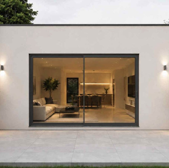 modern sliding glass patio doors opening onto a garden patio
