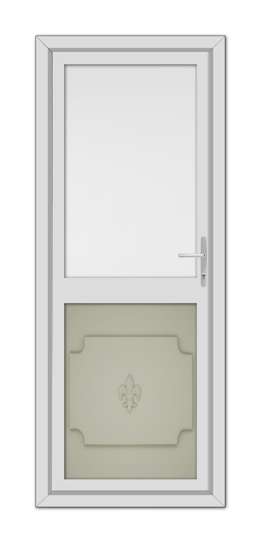 A modern white Agate Grey Abbey Half uPVC Back Door with a lower frosted glass pane featuring a decorative fleur-de-lis design, complete with a handle on the right side.