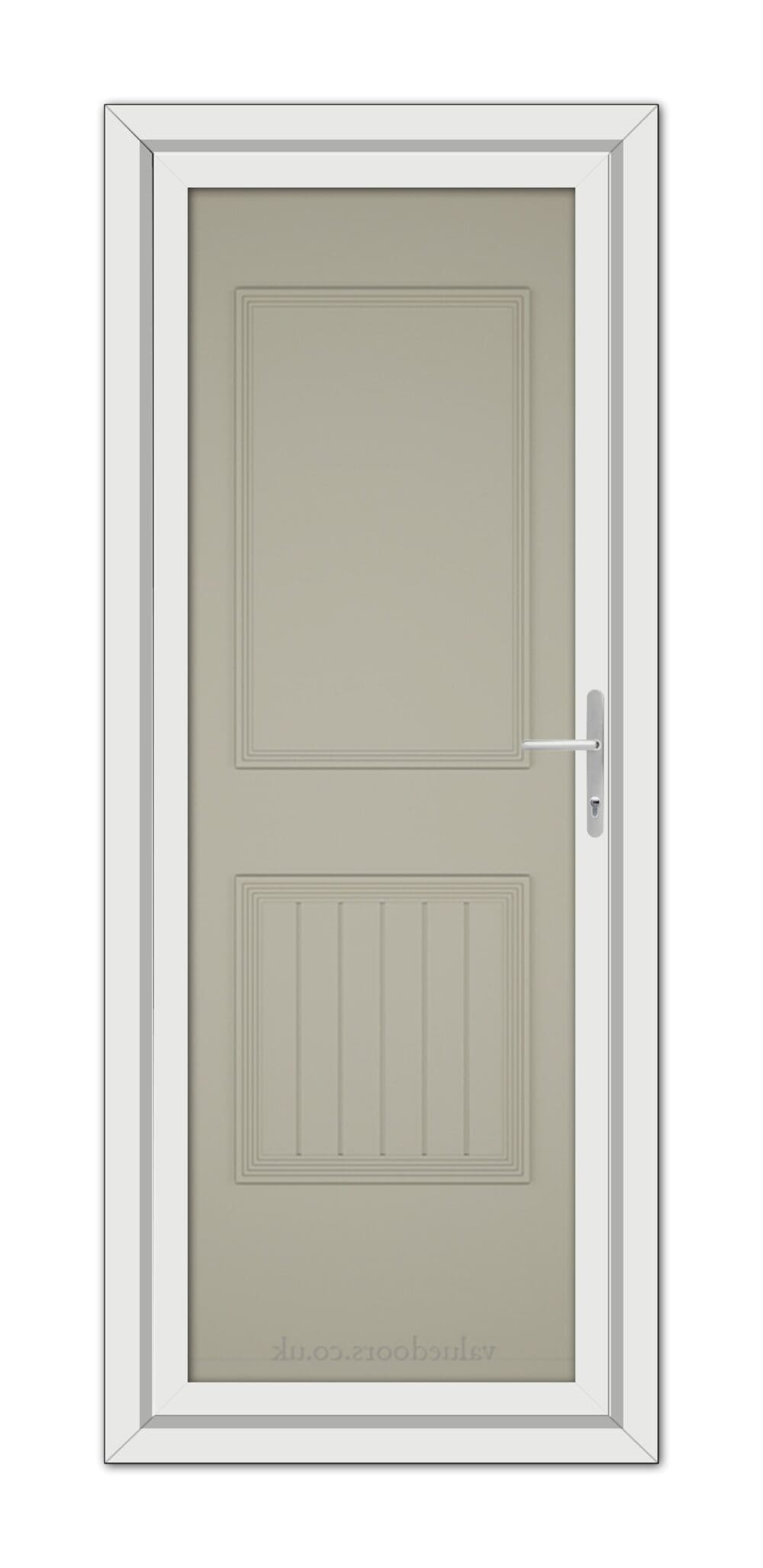 A vertical image of a closed, modern Agate Grey Alnwick One Solid uPVC door with a metal handle, set within a white frame.