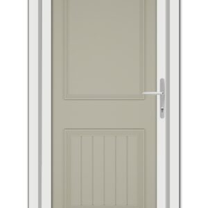 A vertical image of a closed, modern Agate Grey Alnwick One Solid uPVC door with a metal handle, set within a white frame.