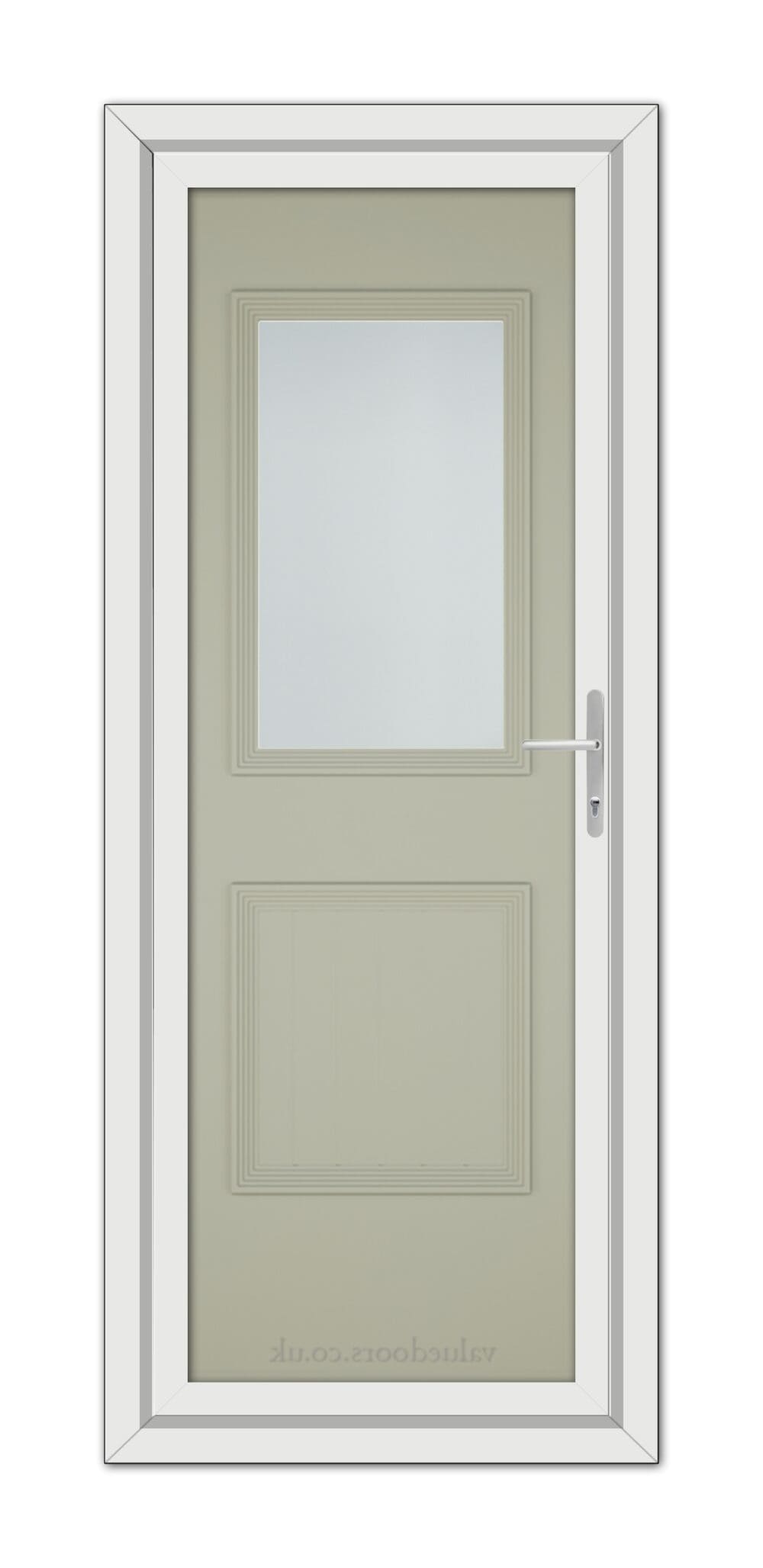 A vertical image of a closed, modern Agate Grey Alnwick One uPVC door with a rectangular glass panel on top, a solid panel on the bottom, and a white handle on the right.