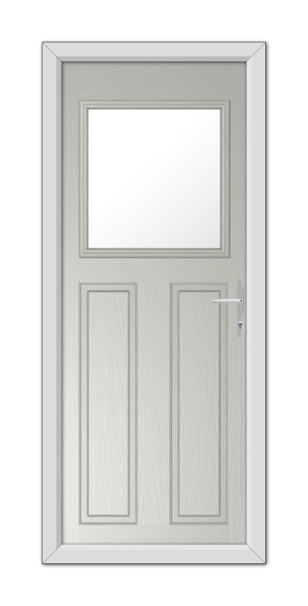 A Agate Grey Axwell Composite Door 48mm Timber Core equipped with a small square window near the top and a stainless steel handle on the right side.