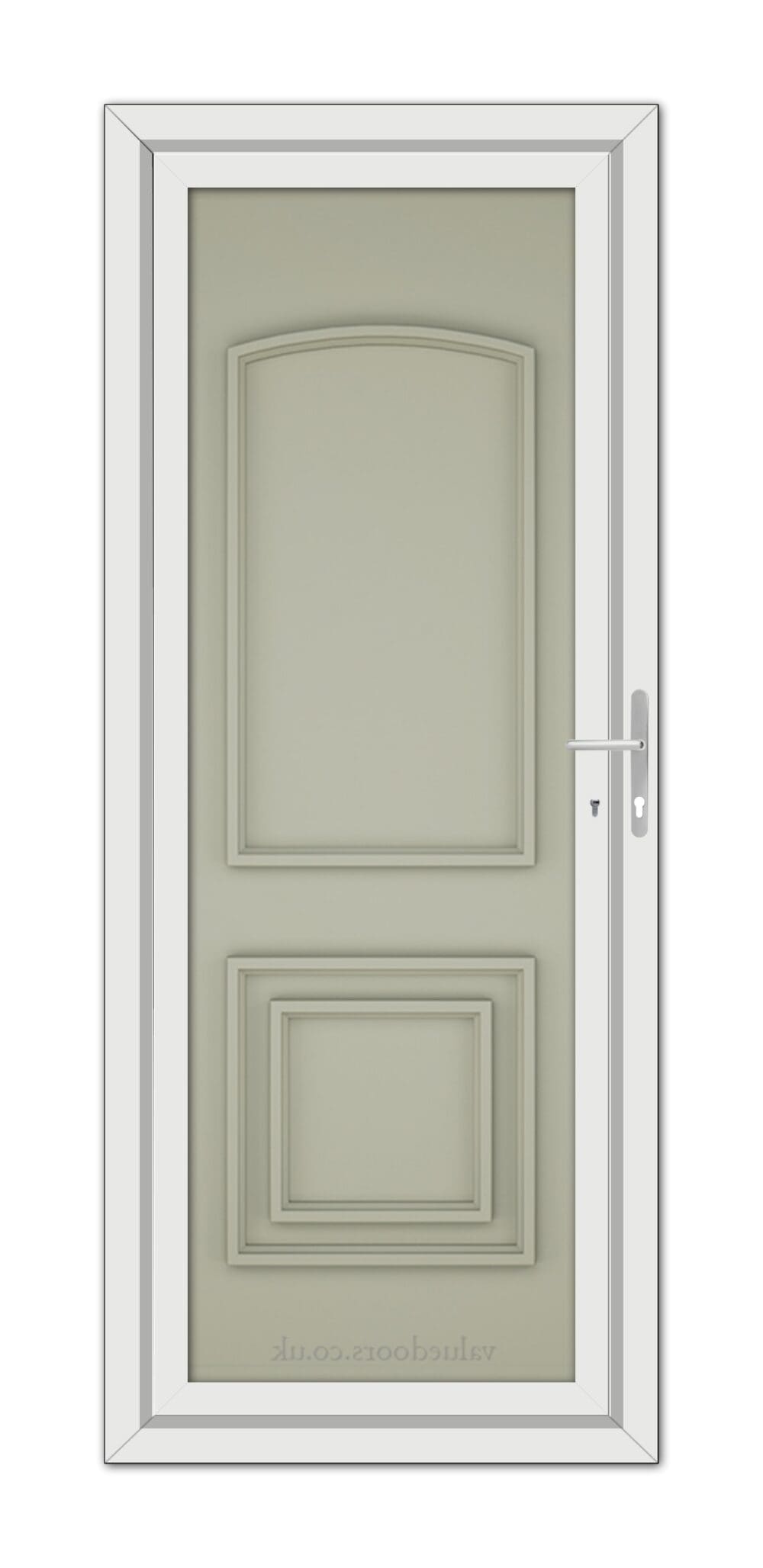 An upright closed Agate Grey Balmoral Classic Solid uPVC door with a white frame, featuring an upper arched panel and a lower rectangular panel, and equipped with a metal handle.