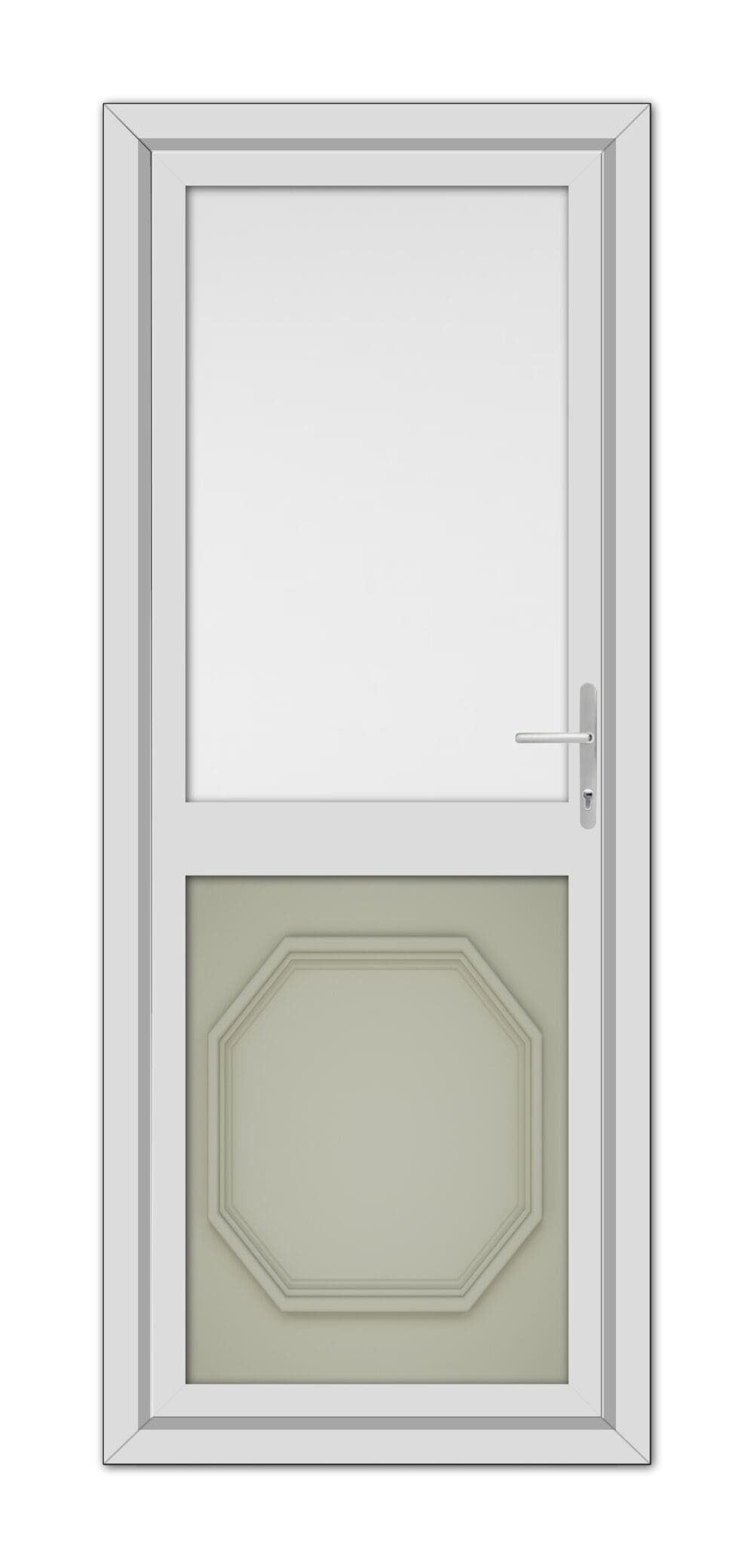 A modern Agate Grey Buckingham Half uPVC Back Door with an octagonal window at the bottom and a square window at the top, featuring a metallic handle on the right side.