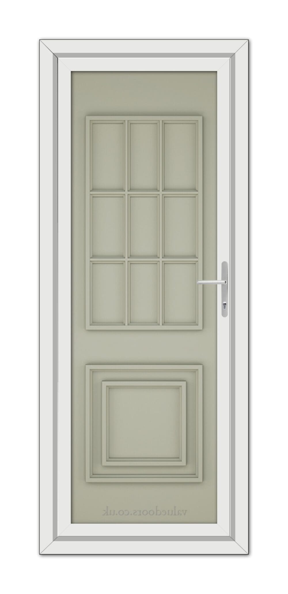 An elegant Agate Grey Cambridge One Solid uPVC door with a white frame, featuring a rectangular design with fifteen panels and a metallic handle on the right side.