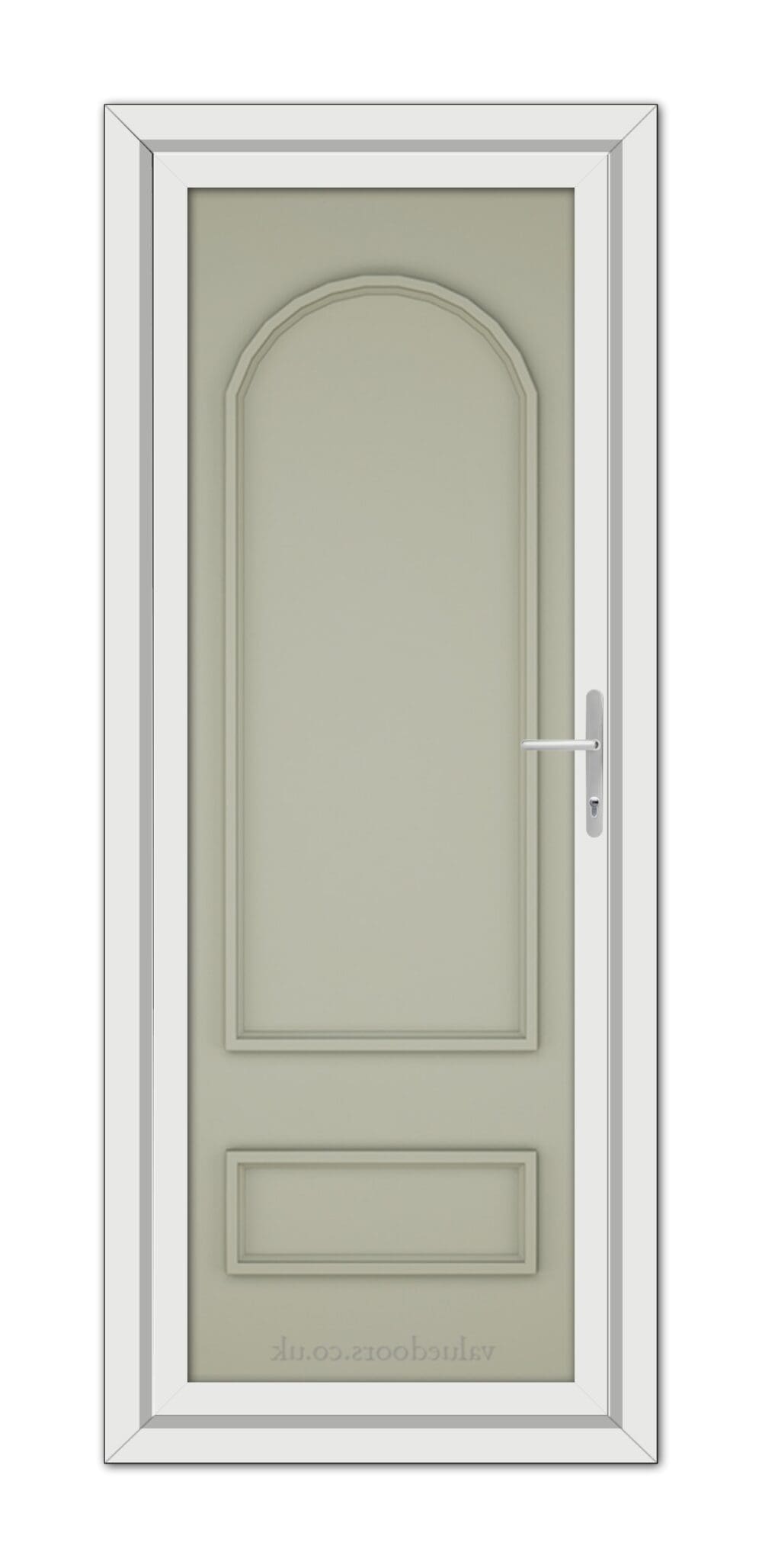 A Agate Grey Canterbury Solid uPVC Door with a silver handle, set within a white door frame, viewed from the front.