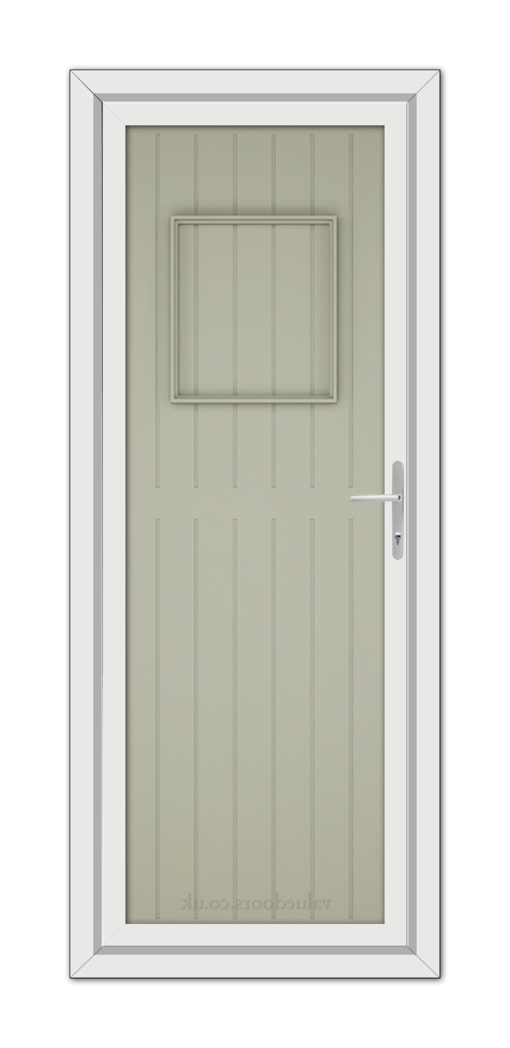 A modern Agate Grey Chatsworth Solid uPVC door with a small, rectangular window at the top and a metallic handle, set in a white door frame.