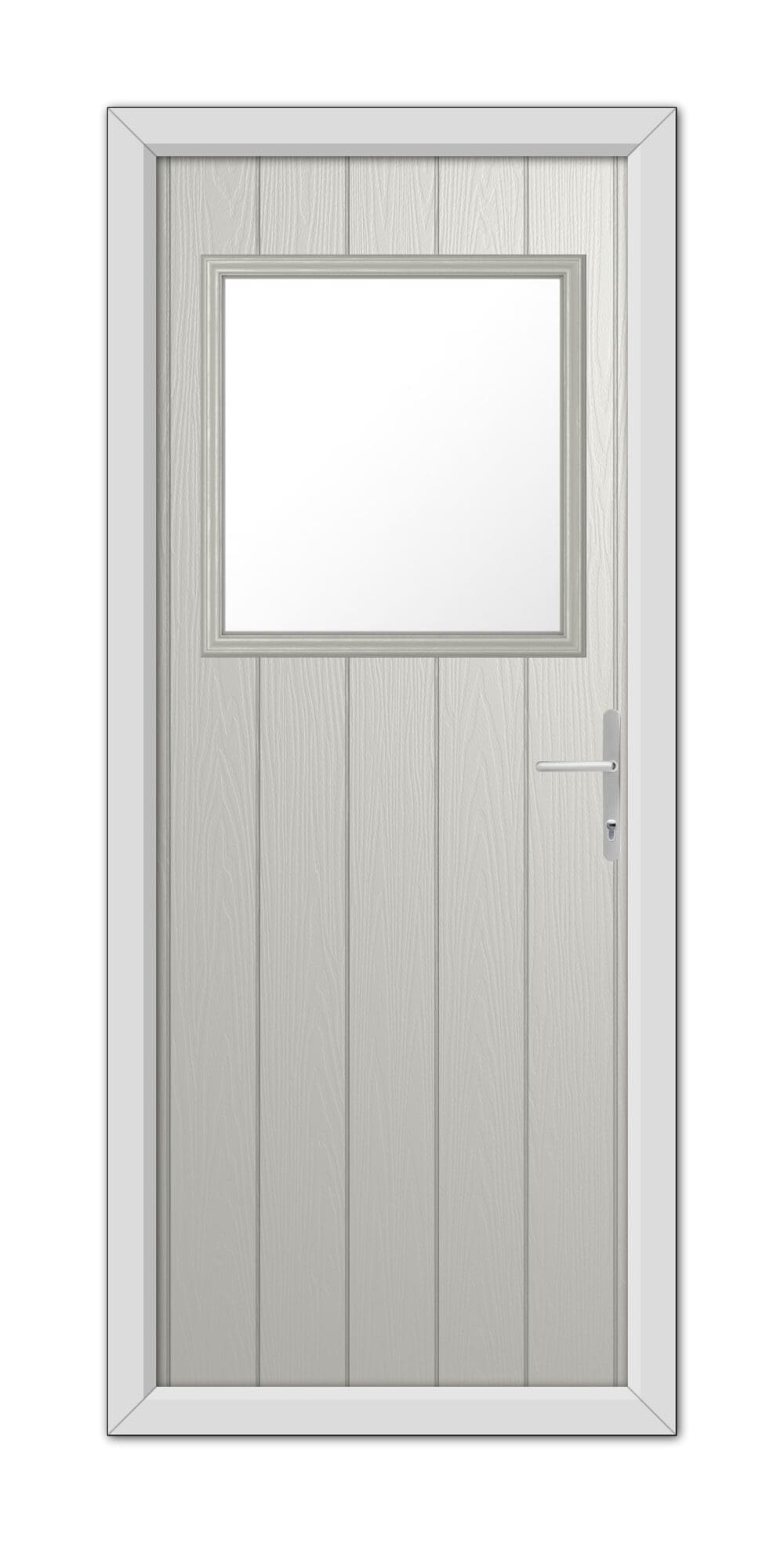 A modern Agate Grey Fife Composite Door 48mm Timber Core featuring a rectangular glass window at the top and a metal handle on the right side.