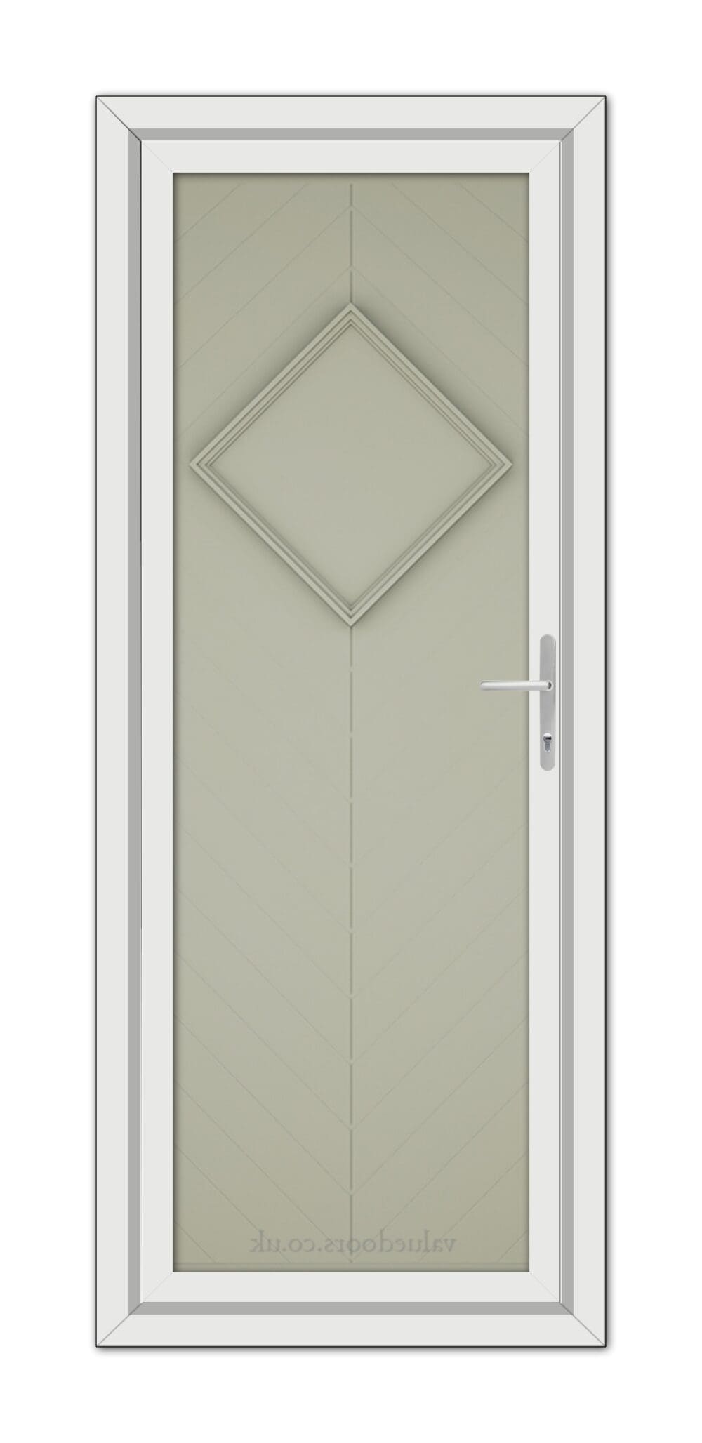 Vertical image of a Agate Grey Hamburg Solid uPVC Door featuring a white frame, diamond-shaped window, and a metal handle, isolated on a white background.