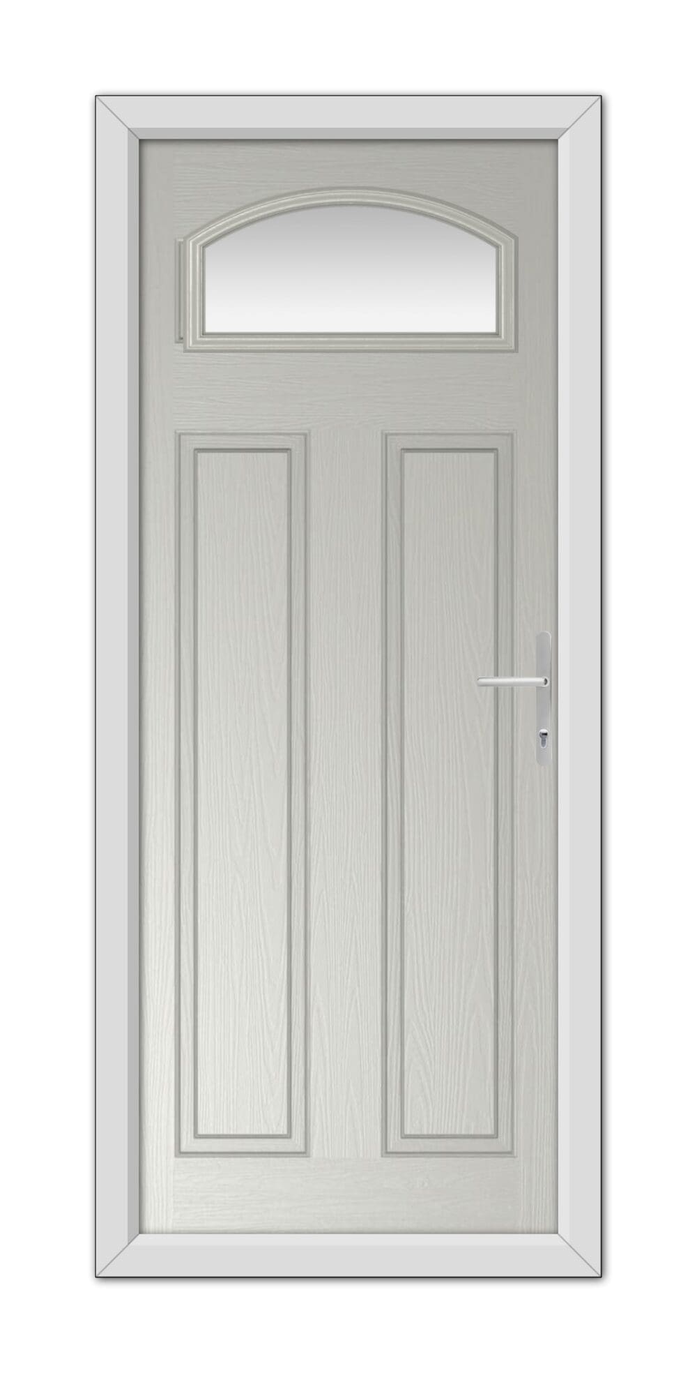 A modern Agate Grey Harlington Composite Door 48mm Timber Core with an arched window at the top and a metal handle on the right side.