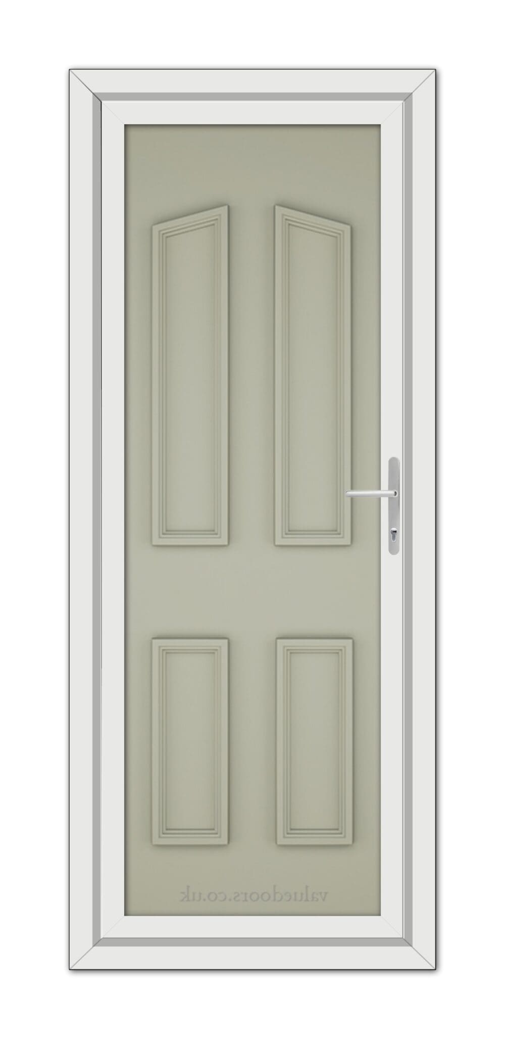 A agate grey door with four recessed panels and a modern silver handle, set within a white frame.