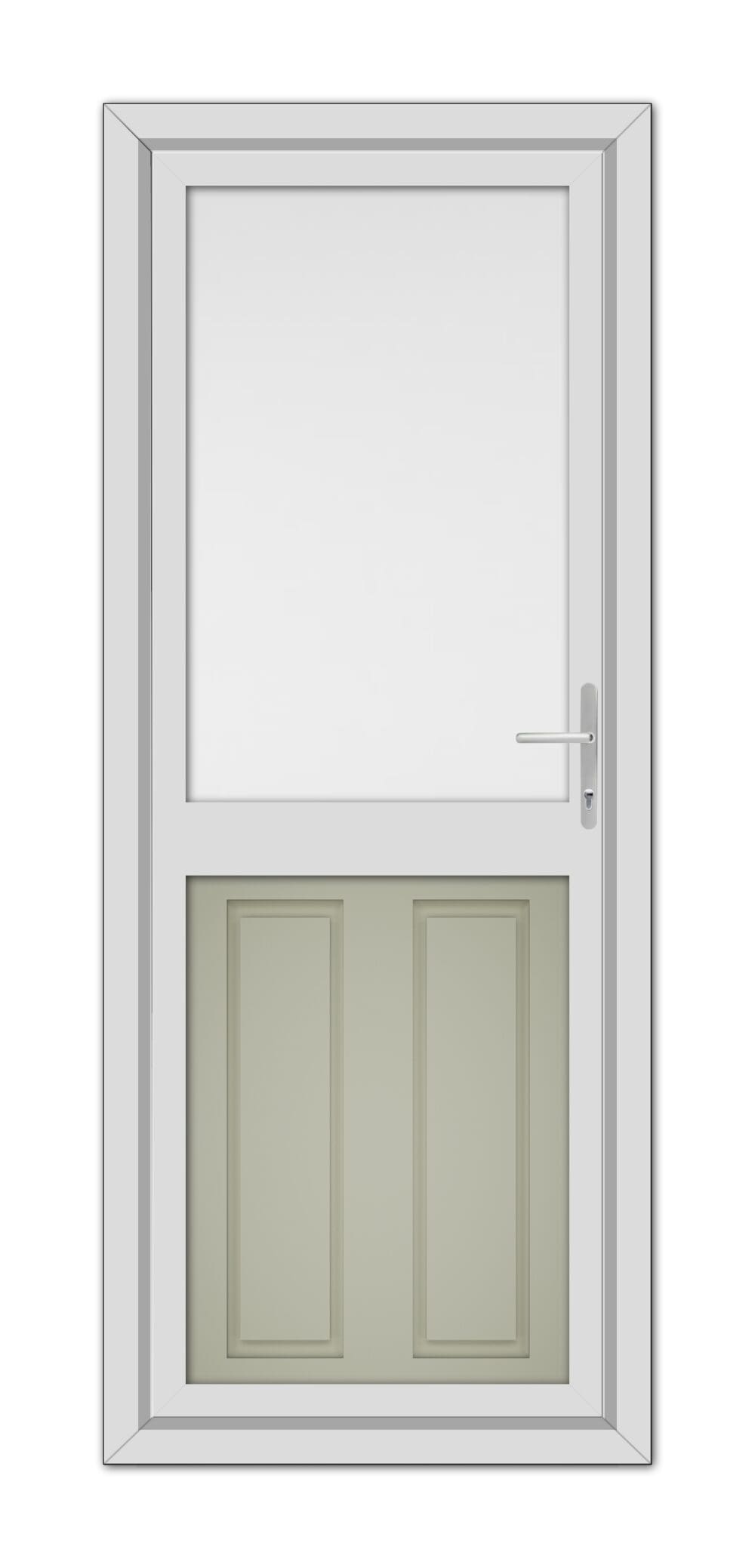 A modern Agate Grey Manor Half uPVC Back Door with a large window on the top and two frosted glass panels on the bottom, featuring a metallic handle on the right side.