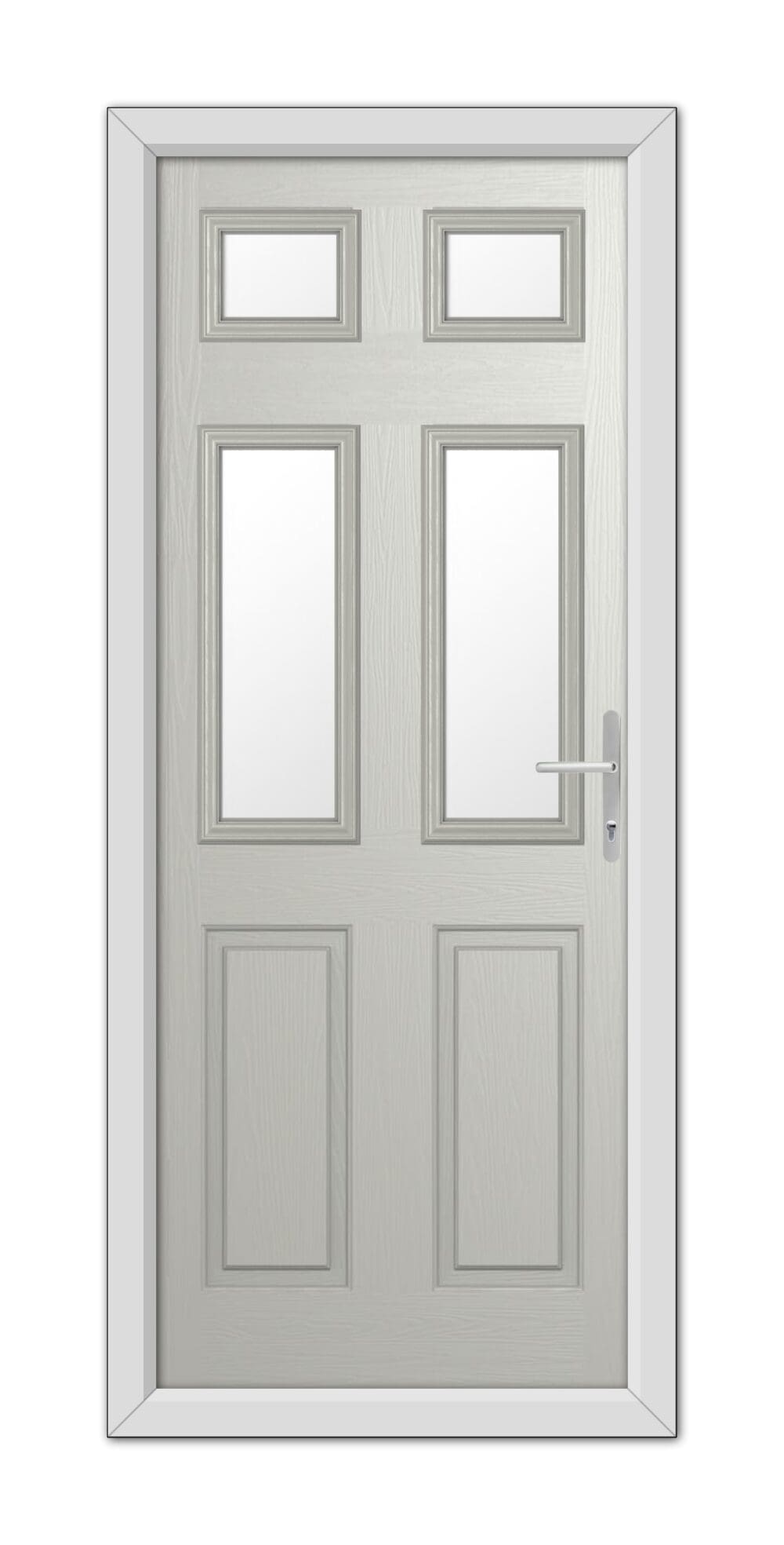 A modern Agate Grey Middleton Glazed 4 Composite Door 48mm Timber Core with six panels, three of which feature frosted glass, and a metallic handle on the right side.