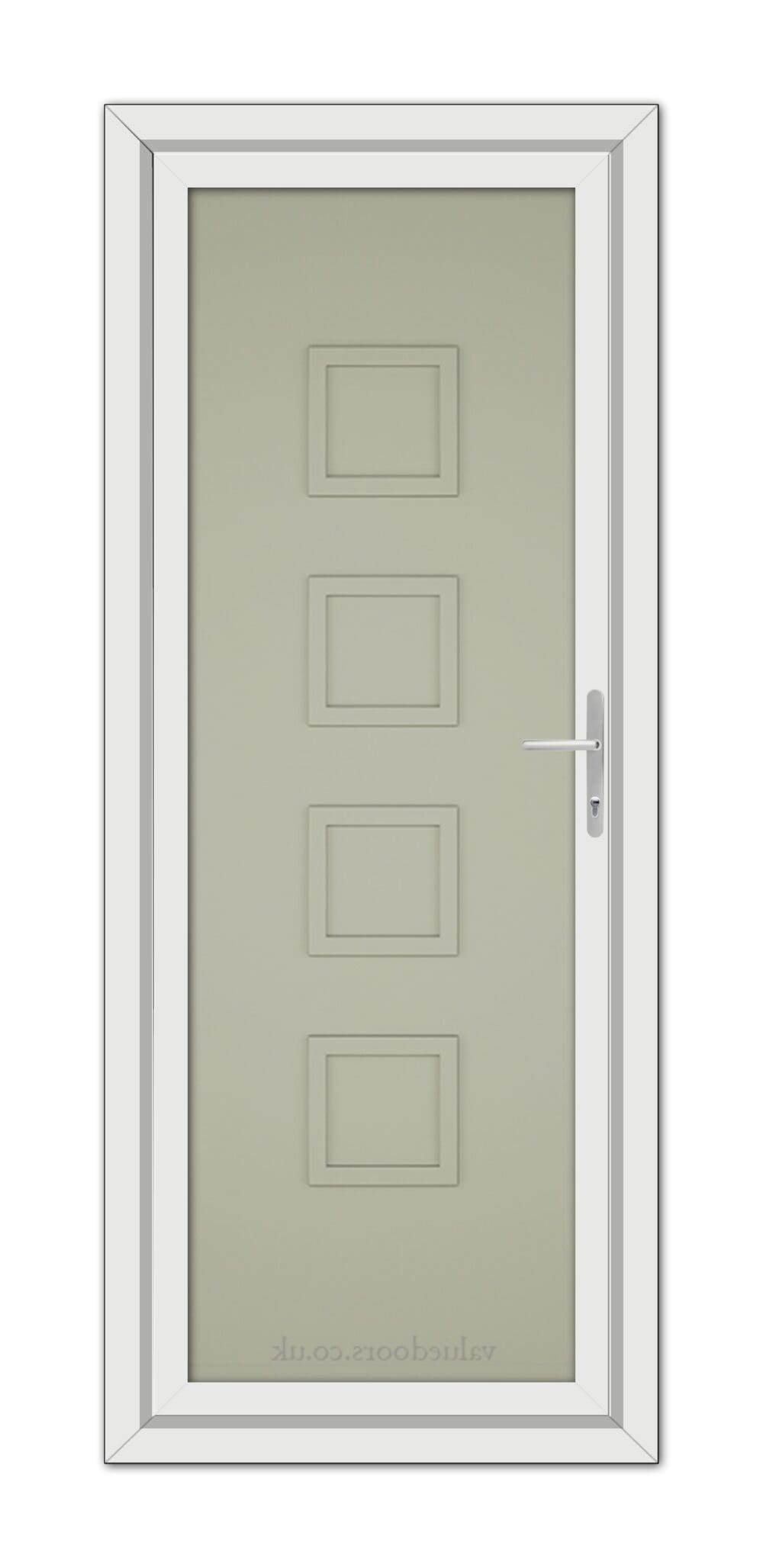 A Agate Grey Modern 5034 Solid uPVC door featuring four rectangular panels and a metallic handle, set within a white frame.