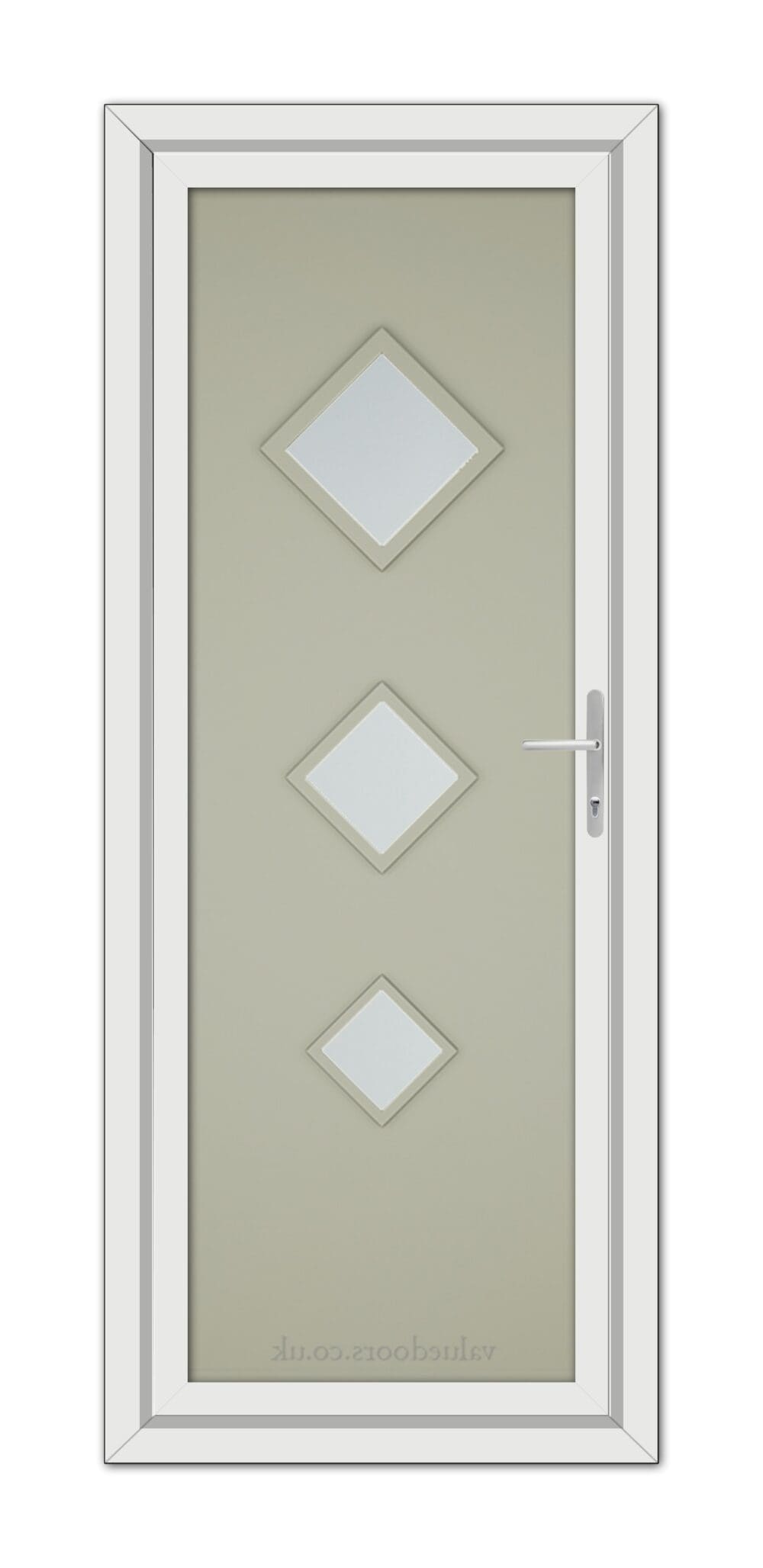 A vertical image of a closed Agate Grey Modern 5123 uPVC door with three diamond-shaped windows and a white handle, set in a white frame.