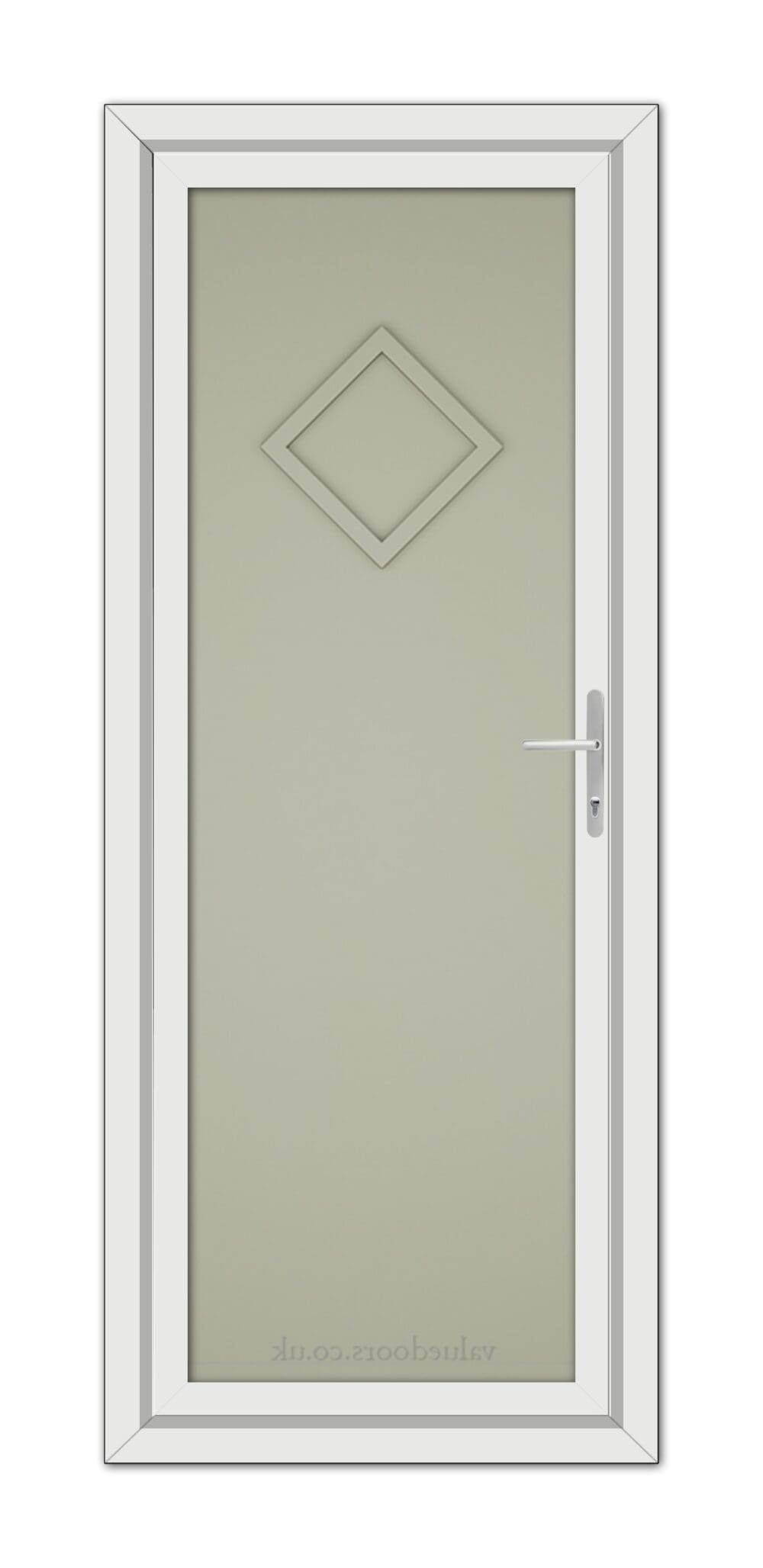 A vertical image of a closed Agate Grey Modern 5131 Solid uPVC door featuring a narrow frosted glass pane with a diamond-shaped design, framed by a white border with a chrome handle on the right side.