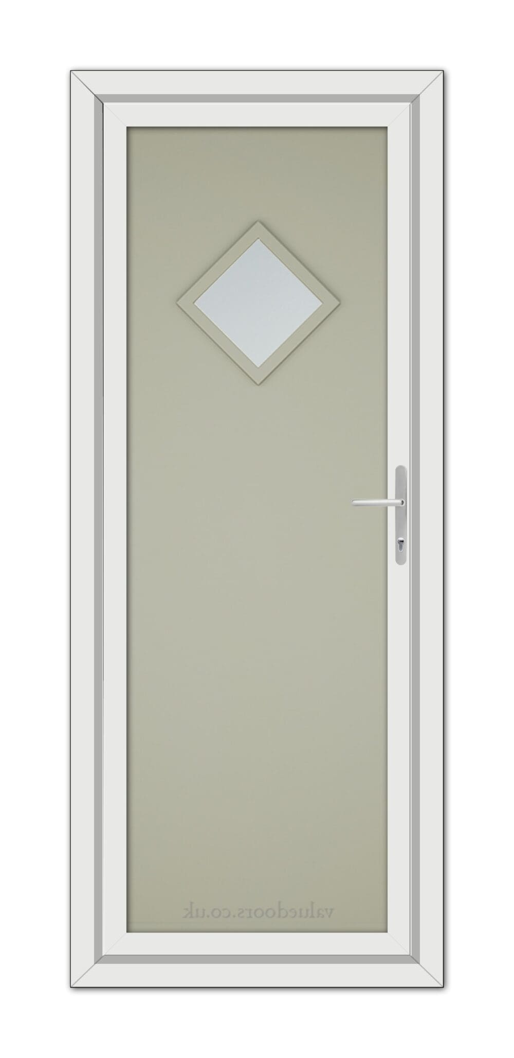 A Agate Grey Modern 5131 uPVC Door with a frosted glass panel featuring a small diamond-shaped clear glass window and a silver handle on the right side.