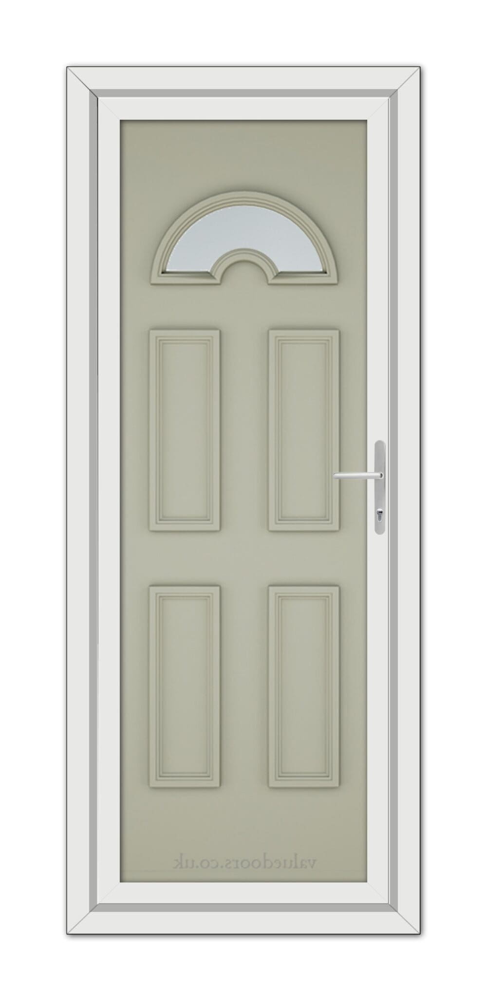 A vertical image of a closed, Agate Grey Sandringham uPVC front door with a half-moon window at the top and a metal handle on the right side, set in a white frame.