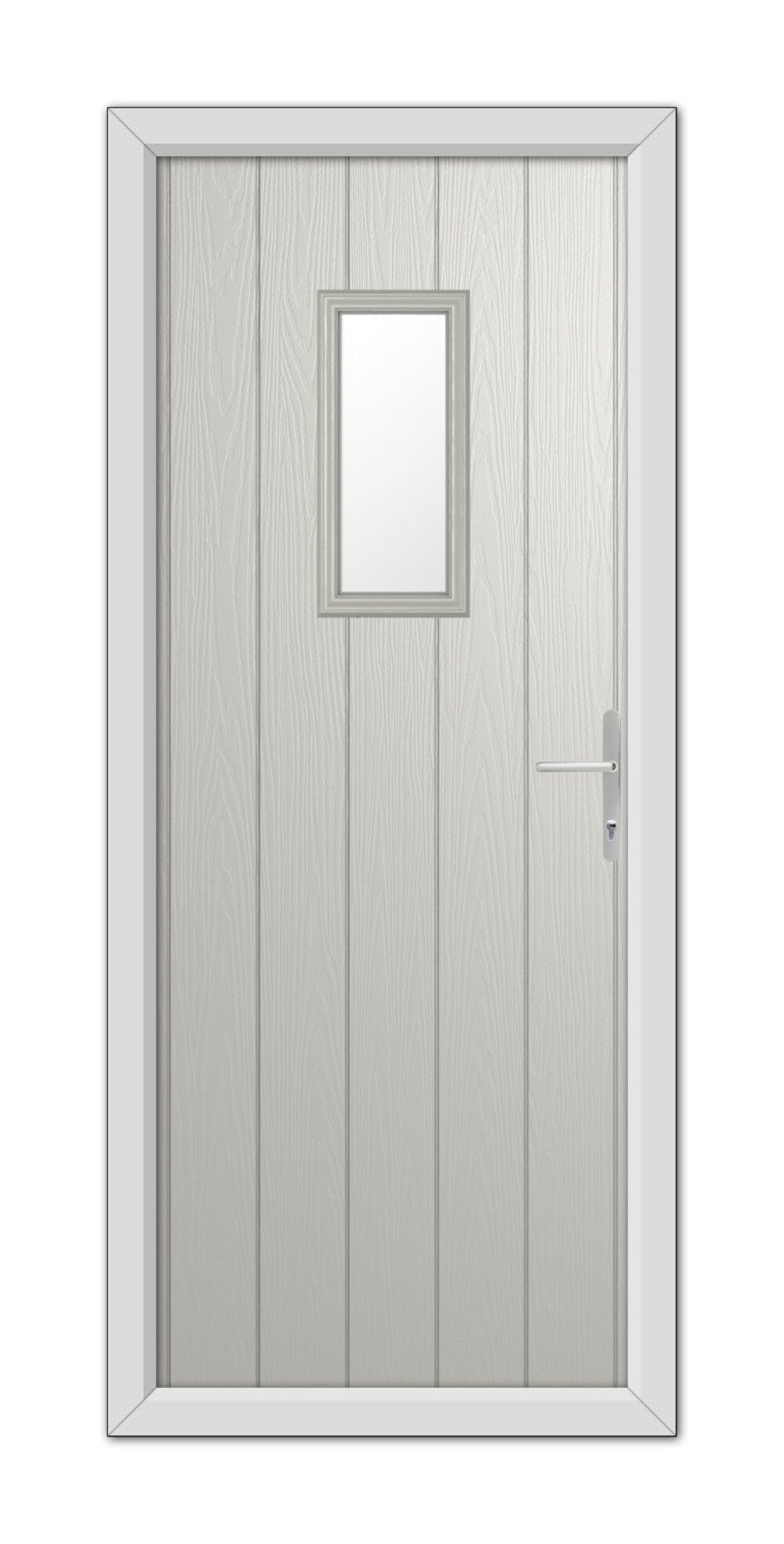 A modern, Agate Grey Somerset Composite Door 48mm Timber Core with a small square window and a metallic handle, set within a simple frame.