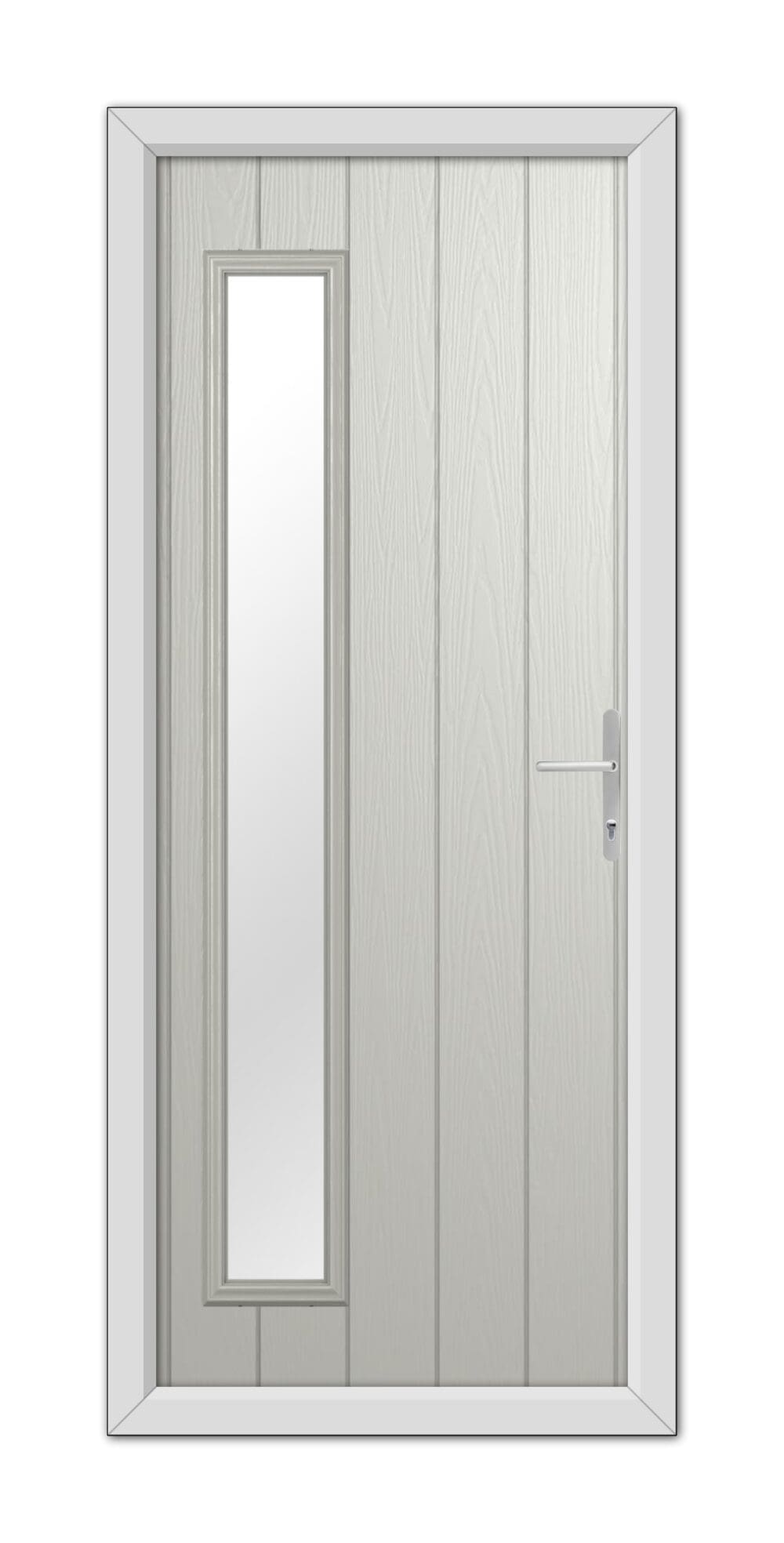 A Agate Grey Sutherland Composite Door 48mm Timber Core featuring a vertical, rectangular glass panel positioned towards the left and a metallic handle on the right.