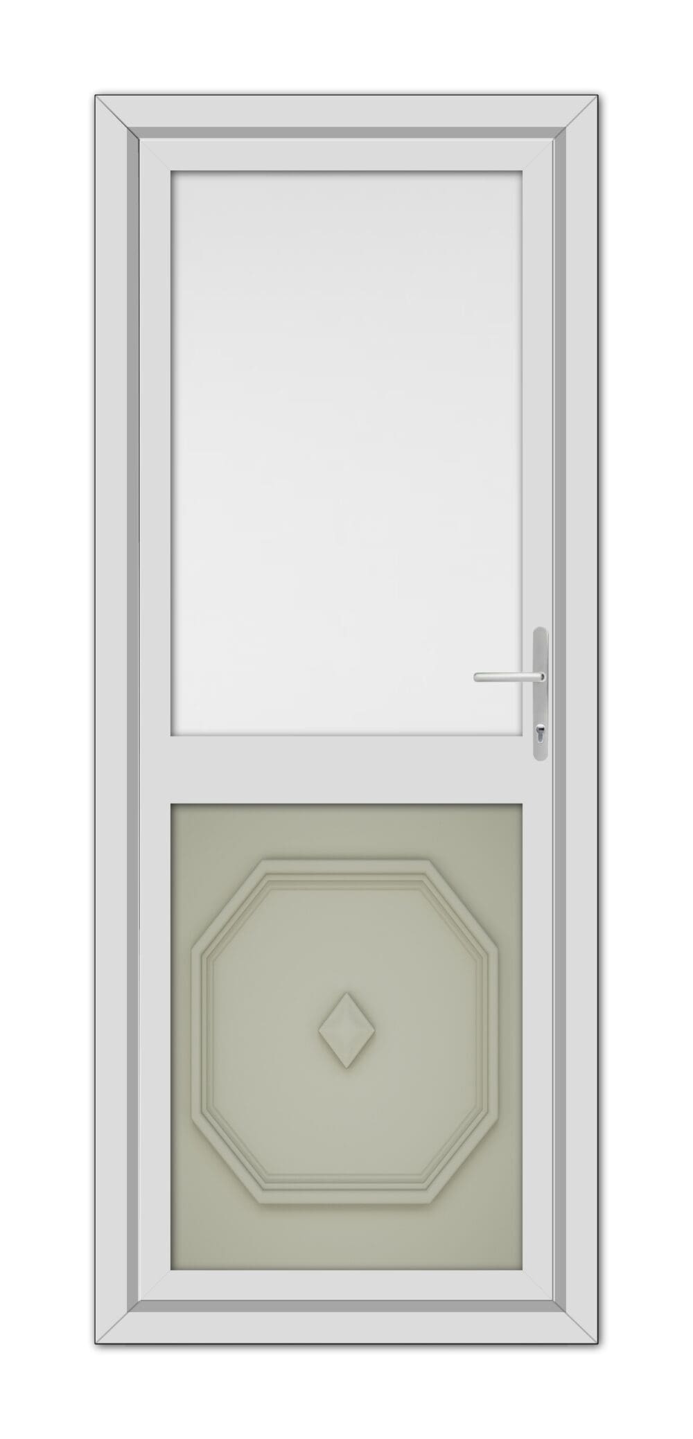 A modern Agate Grey Westminster Half uPVC Back Door with a geometric panel design at the bottom and a small square window at the top, set within a simple frame.