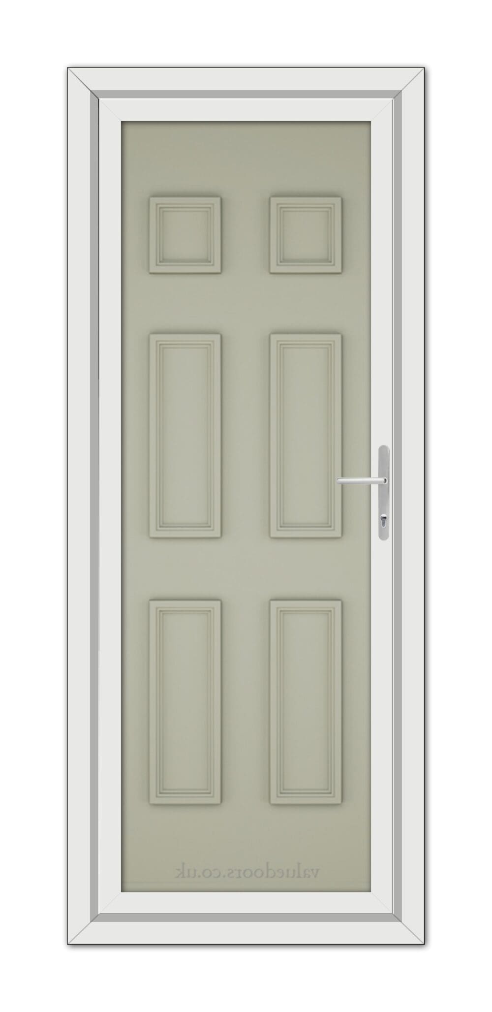 A modern pale Agate Grey Windsor Solid uPVC Door featuring six raised panels and a sleek silver handle, set within a white door frame.