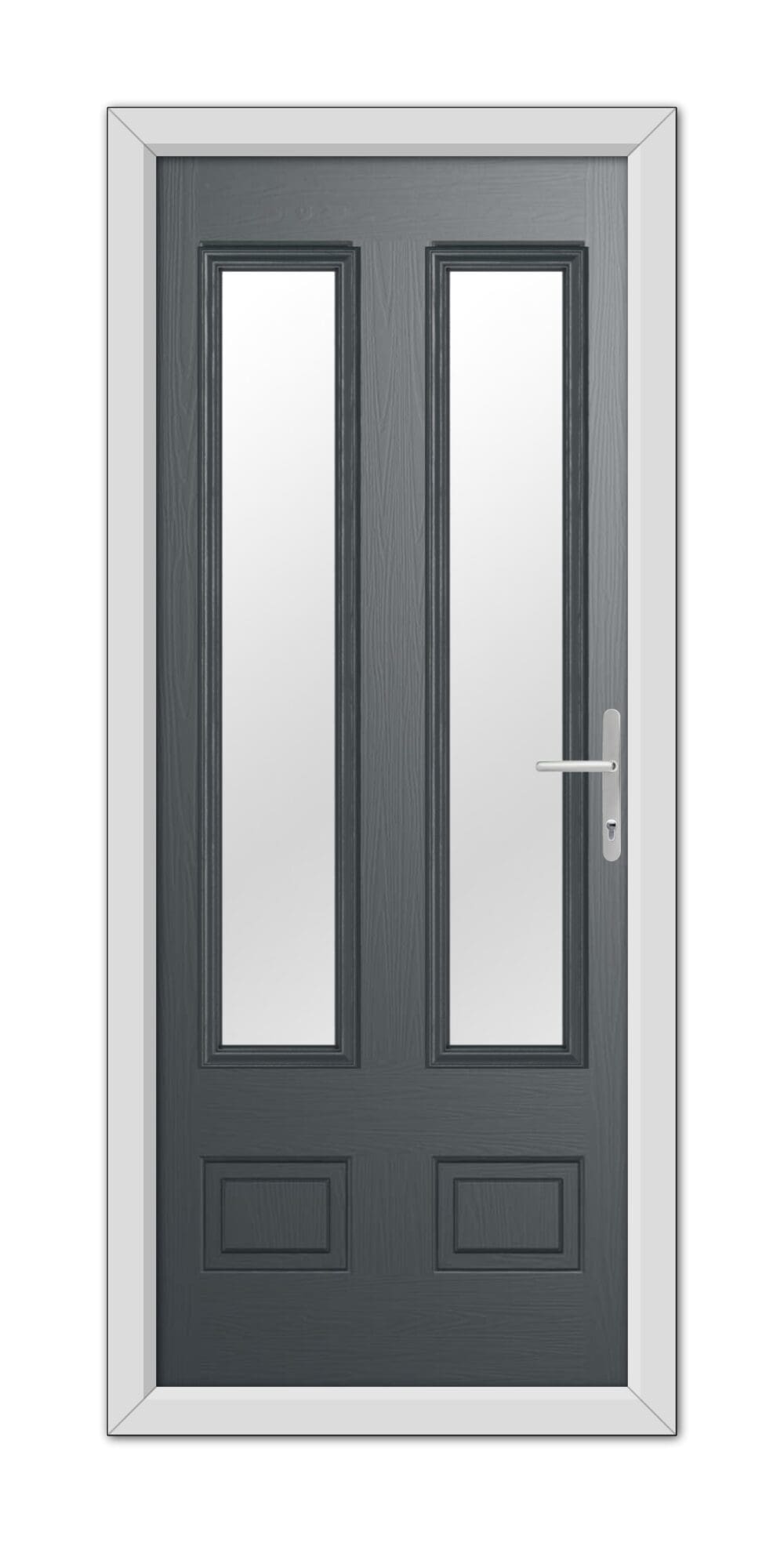 Double door with a modern design, featuring vertical rectangular windows and a handle on the right door, all set within a white frame. Anthracite Grey Aston Glazed 2 Composite Door 48mm Timber Core