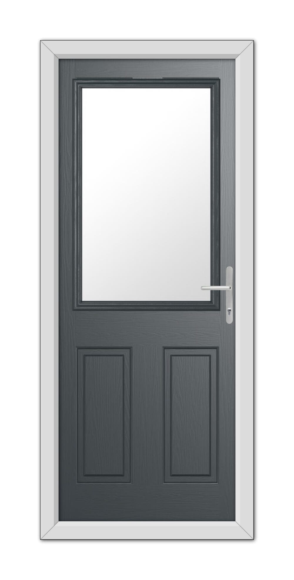 A modern Anthracite Grey Buxton Composite door with a large, central, rectangular window pane, set in a white frame, featuring a silver handle on the right side.