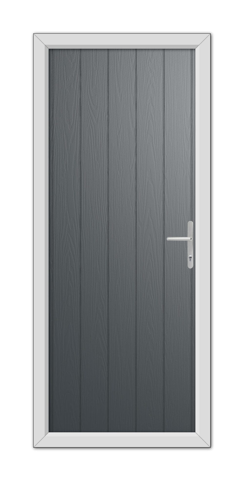 A Anthracite Grey Gloucester Composite door with a silver handle, framed within a white door frame, set against a plain white background.