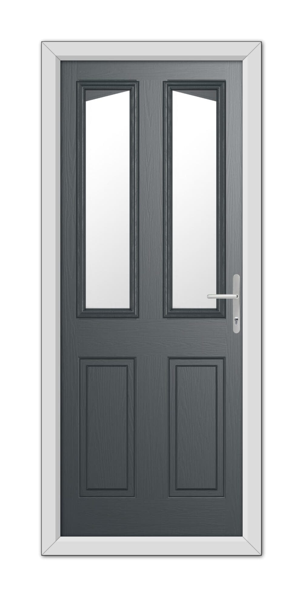 Anthracite Grey Highbury Composite Door with vertical glass panels and a modern handle, set within a white frame.