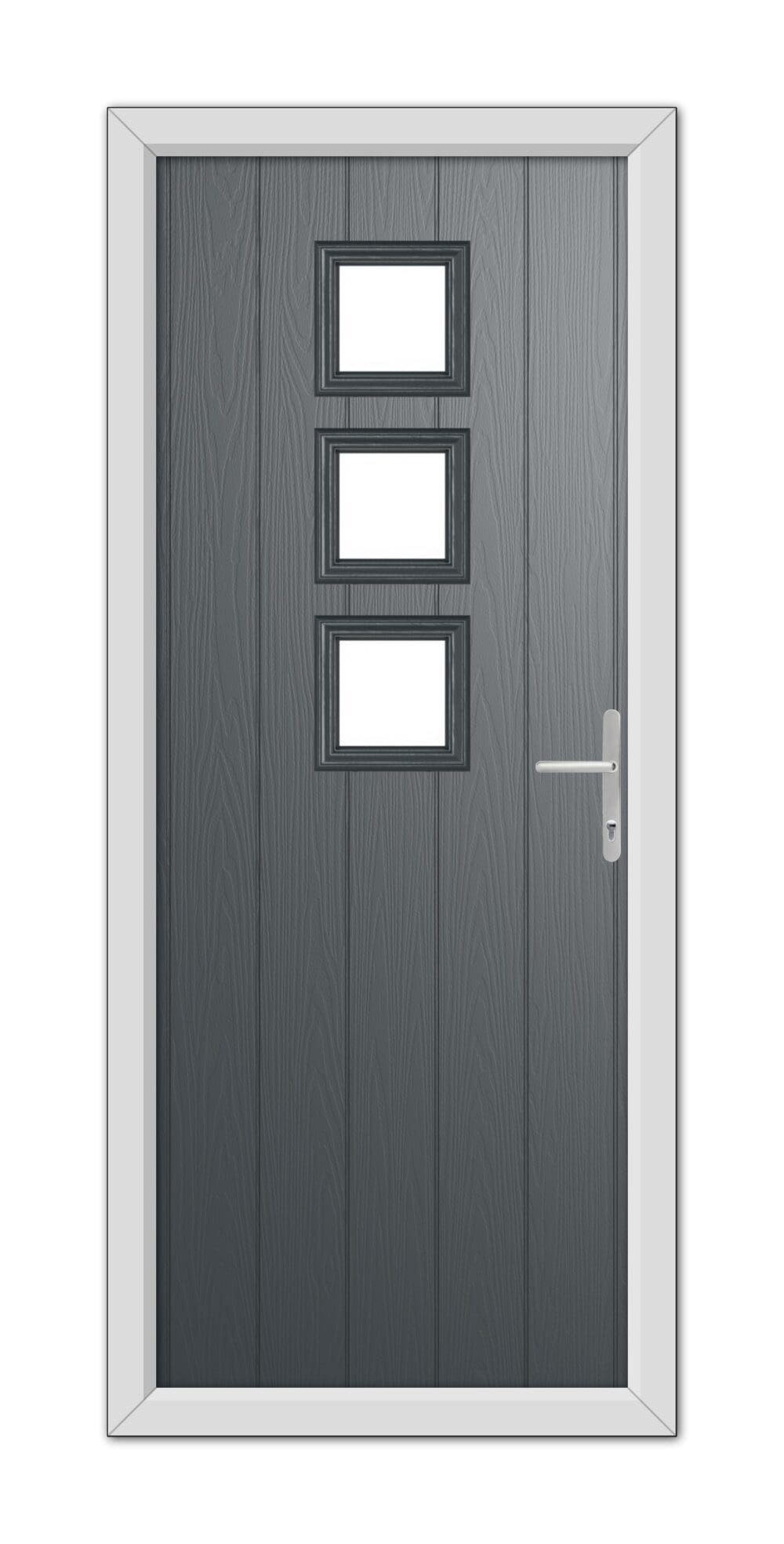 A modern Anthracite Grey Montrose Composite Door 48mm Timber Core with three rectangular glass panels and a silver handle, set within a light gray frame.