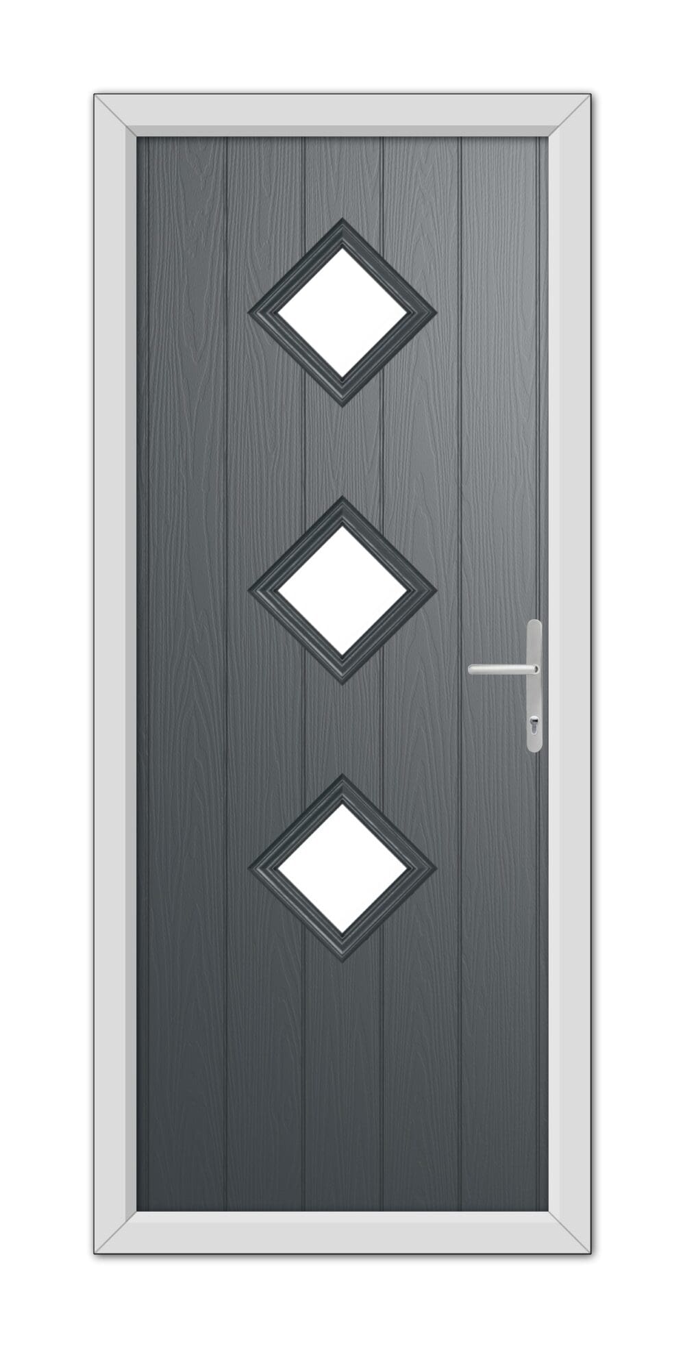 A modern Anthracite Grey Richmond Composite Door 48mm Timber Core featuring three diamond-shaped windows and a simple lever handle, all set within a white frame.