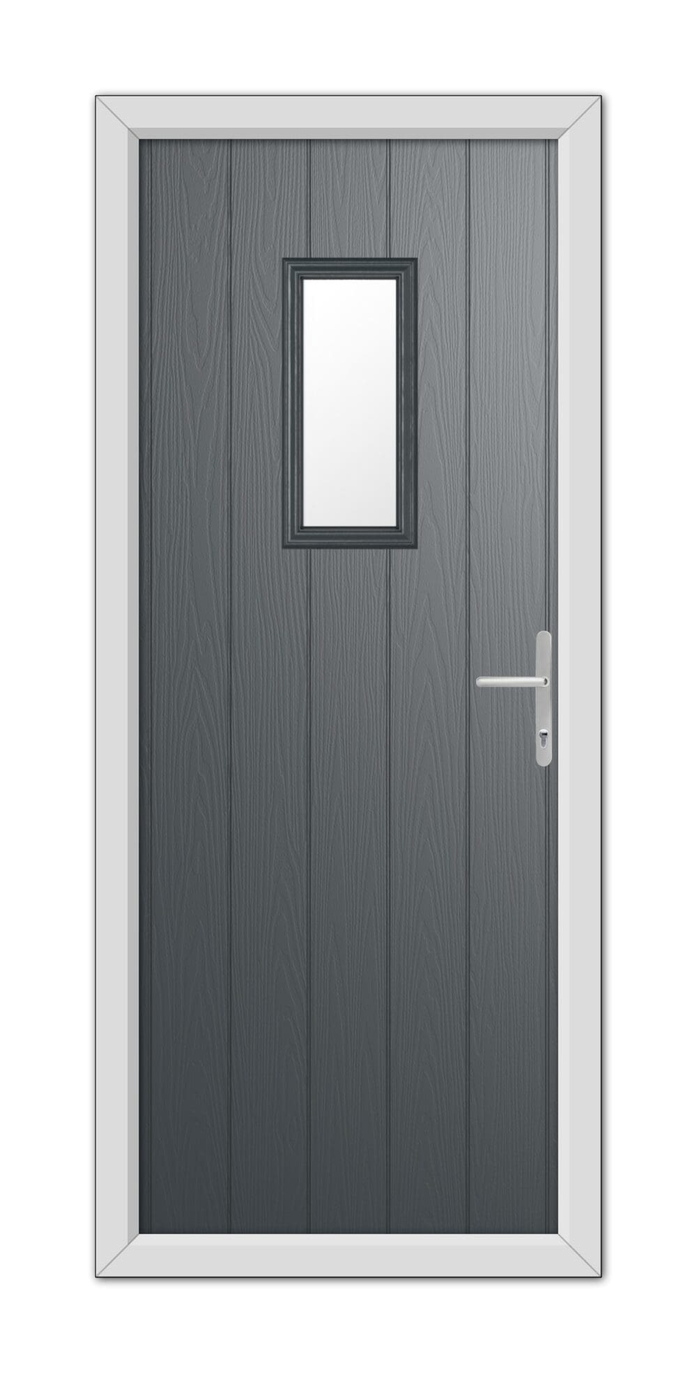 A modern Anthracite Grey Somerset Composite Door with a small square window and a silver handle, set within a white frame.