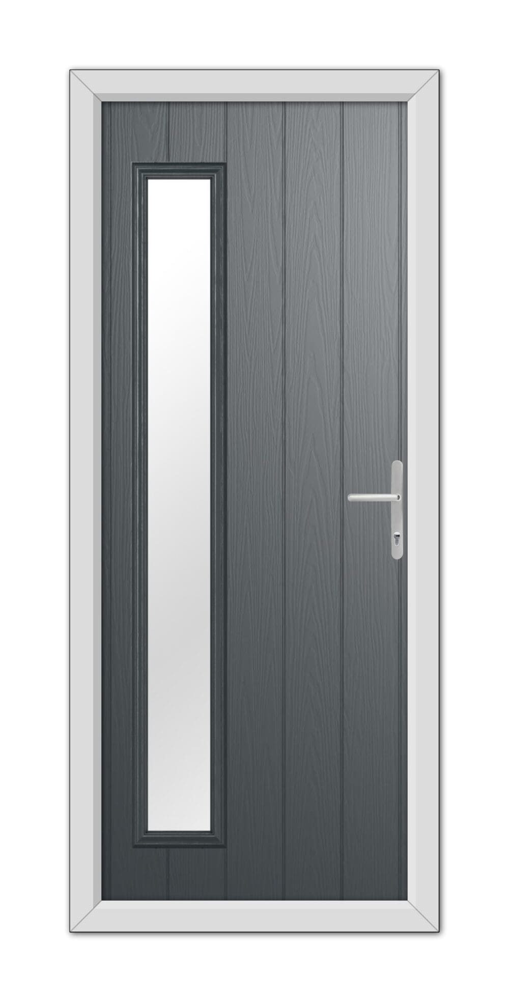 A modern Anthracite Grey Sutherland Composite Door 48mm Timber Core with a vertical, narrow window and a metallic handle, set within a white frame.