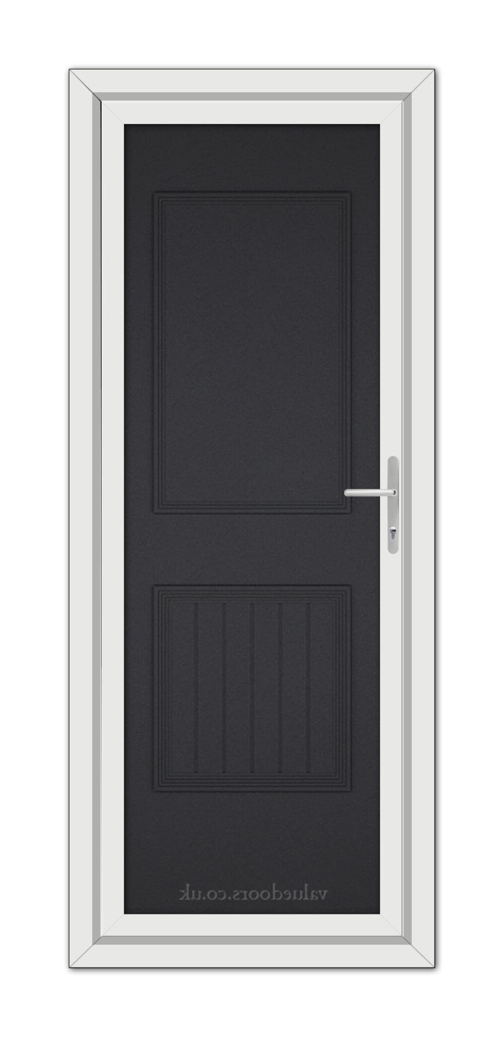 A vertical image of a closed, modern Black Brown Alnwick One Solid uPVC Door with a silver handle, set within a white door frame, viewed from the front.