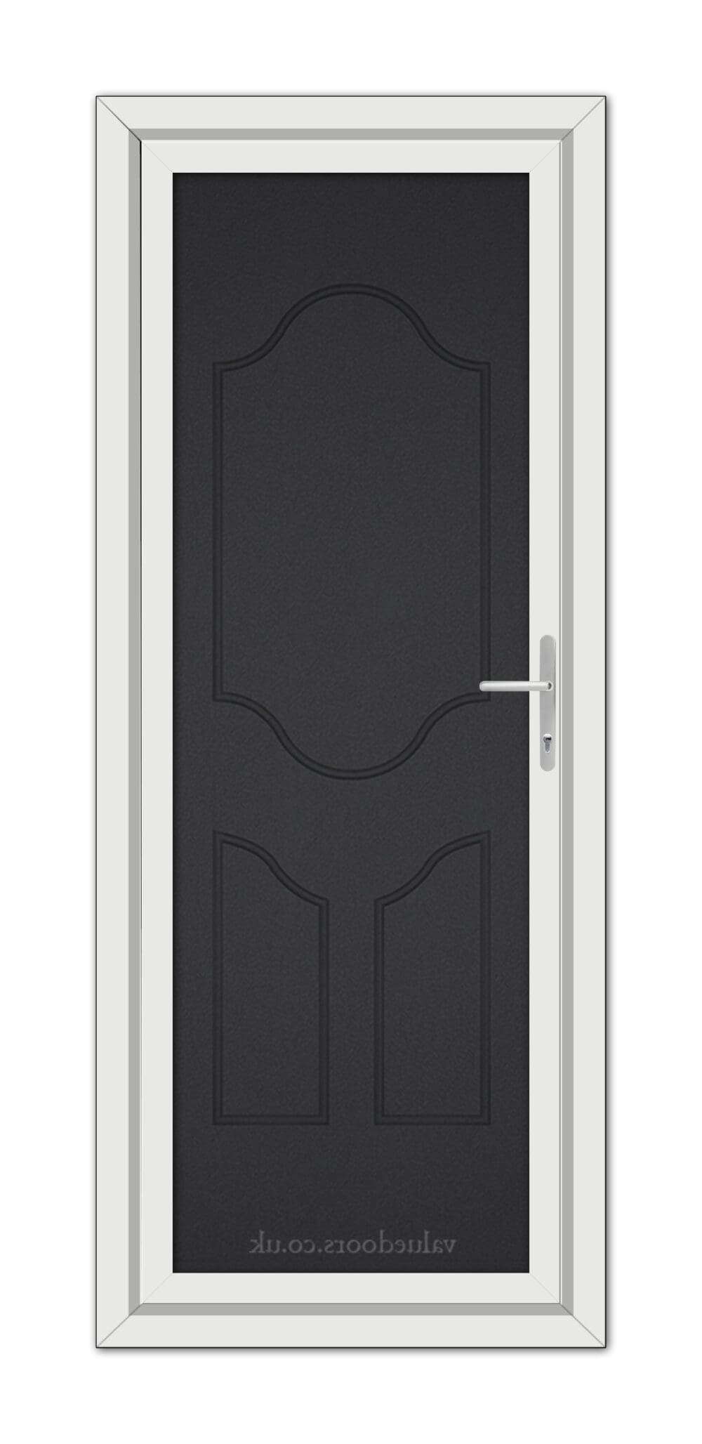 A Black Brown Althorpe Solid uPVC door with a white frame and a metallic handle, viewed from the front.