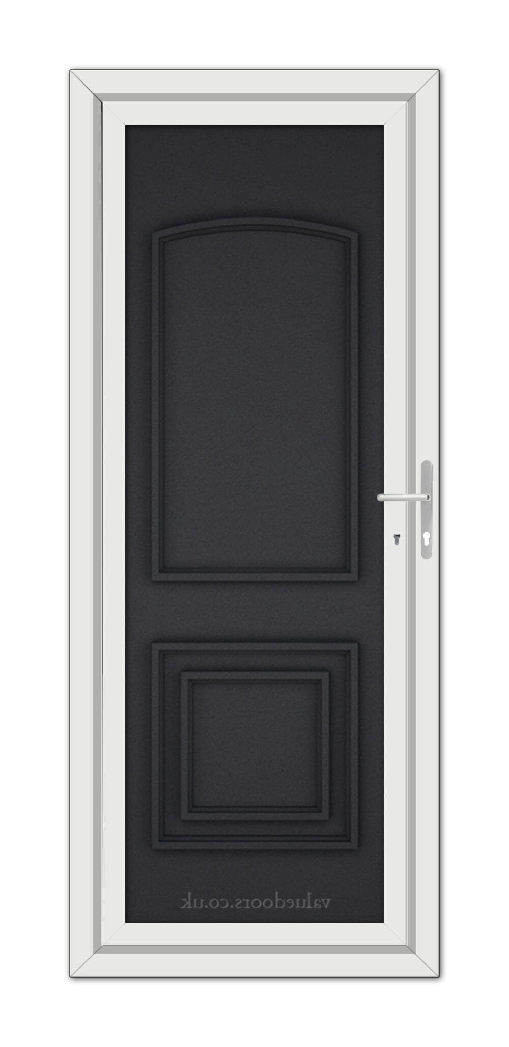 A modern Black Brown Balmoral Classic Solid uPVC Door with a white frame and a silver handle, featuring a rectangular and a square raised panel.