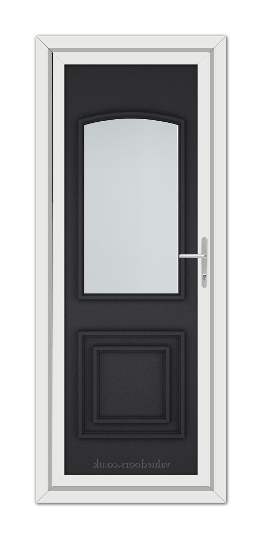 A modern Black Brown Balmoral Classic uPVC door with a vertical glass window, silver handle, and white frame, viewed from front.