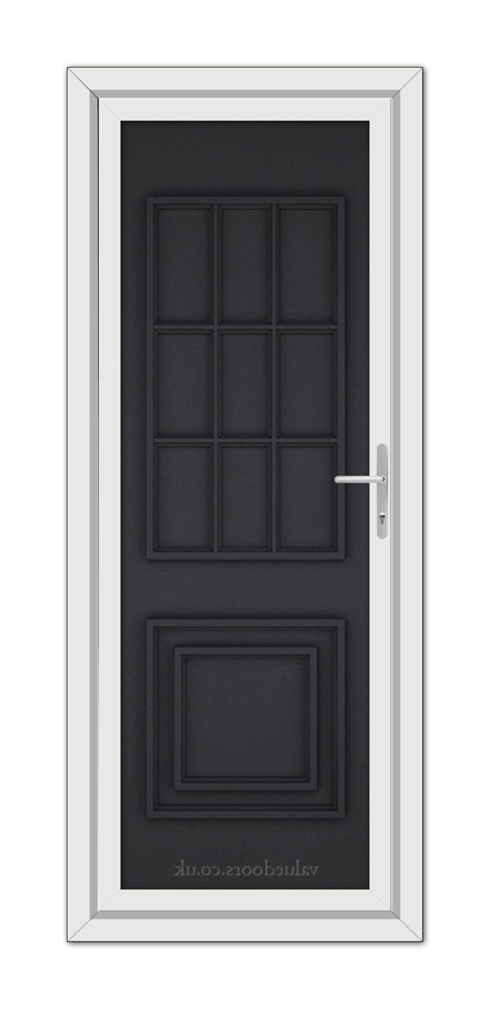 A modern, Black Brown Cambridge One Solid uPVC Door with a metallic handle, framed by a white door frame, viewed from the front.