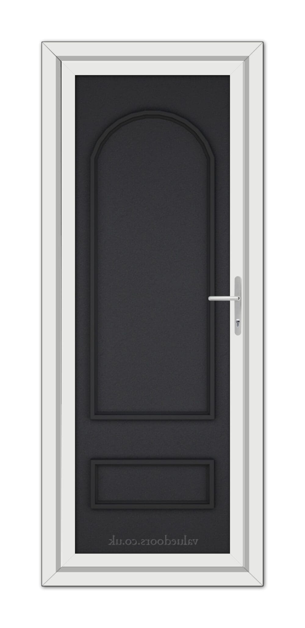 A vertical image of a modern Black Brown Canterbury Solid uPVC Door with a silver handle, framed by a white doorframe.