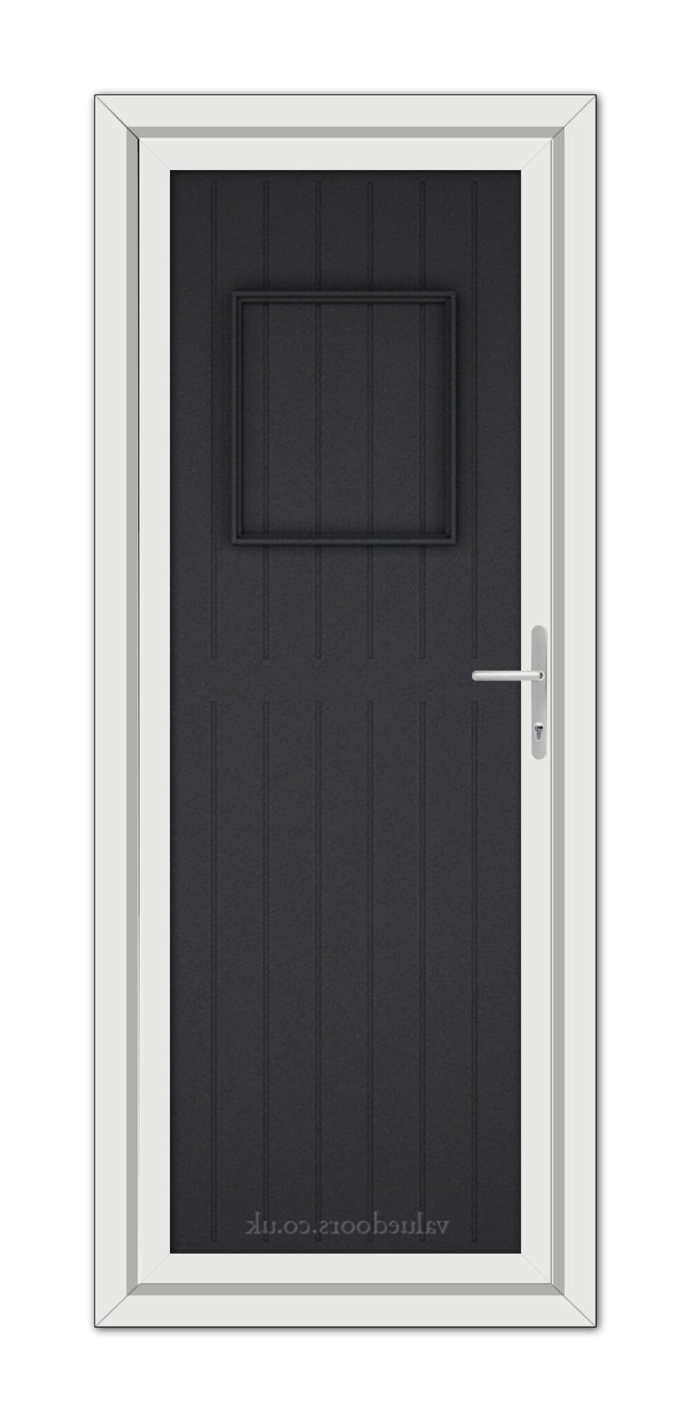 A modern Black Brown Chatsworth Solid uPVC Door with a vertical window at the top, set in a white frame, featuring a stainless steel handle on the right side.