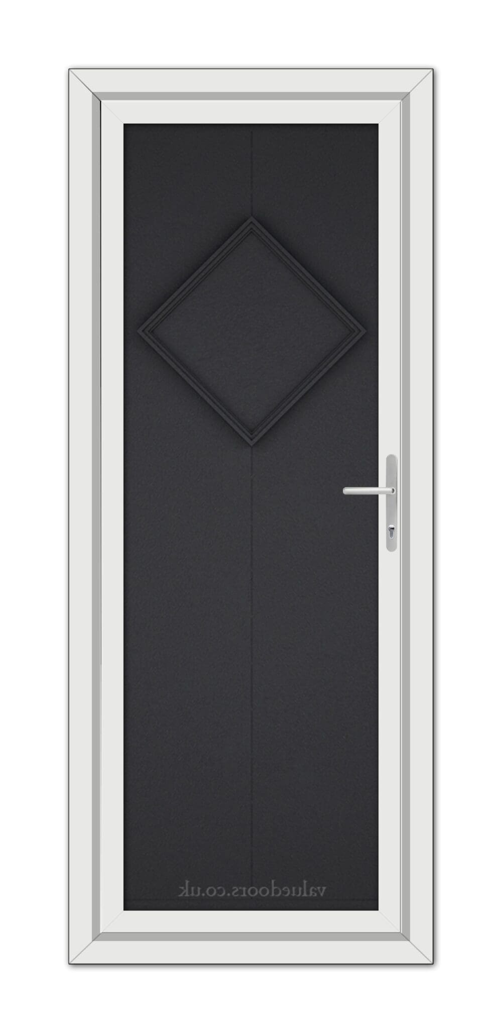 Modern Black Brown Hamburg Solid uPVC Door with a diamond pattern and a white frame, featuring a metallic handle on the right side.