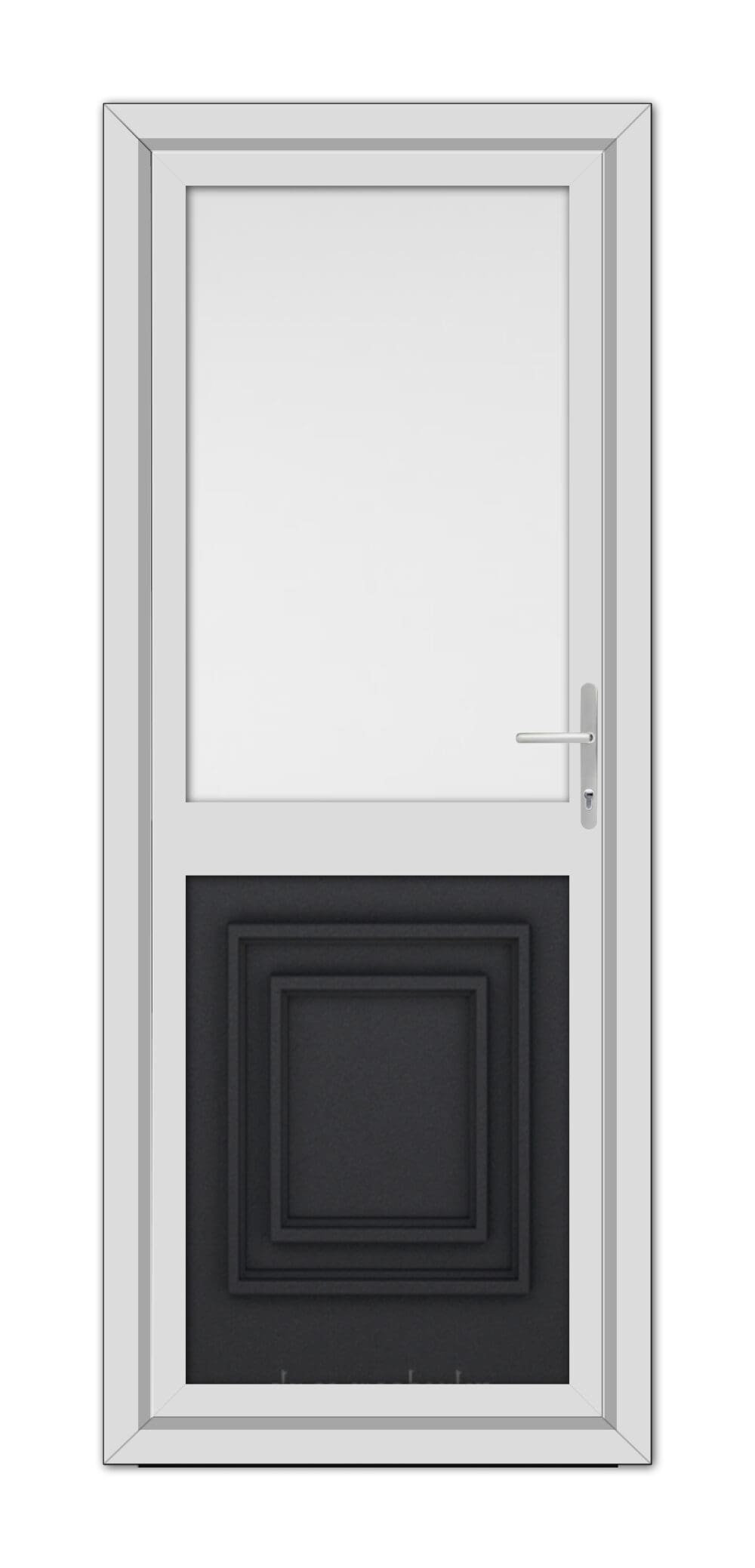 Black Brown Hannover Half uPVC Back Door with a small square window at the top and a larger black panel at the bottom, featuring a sleek metal handle on the right side.