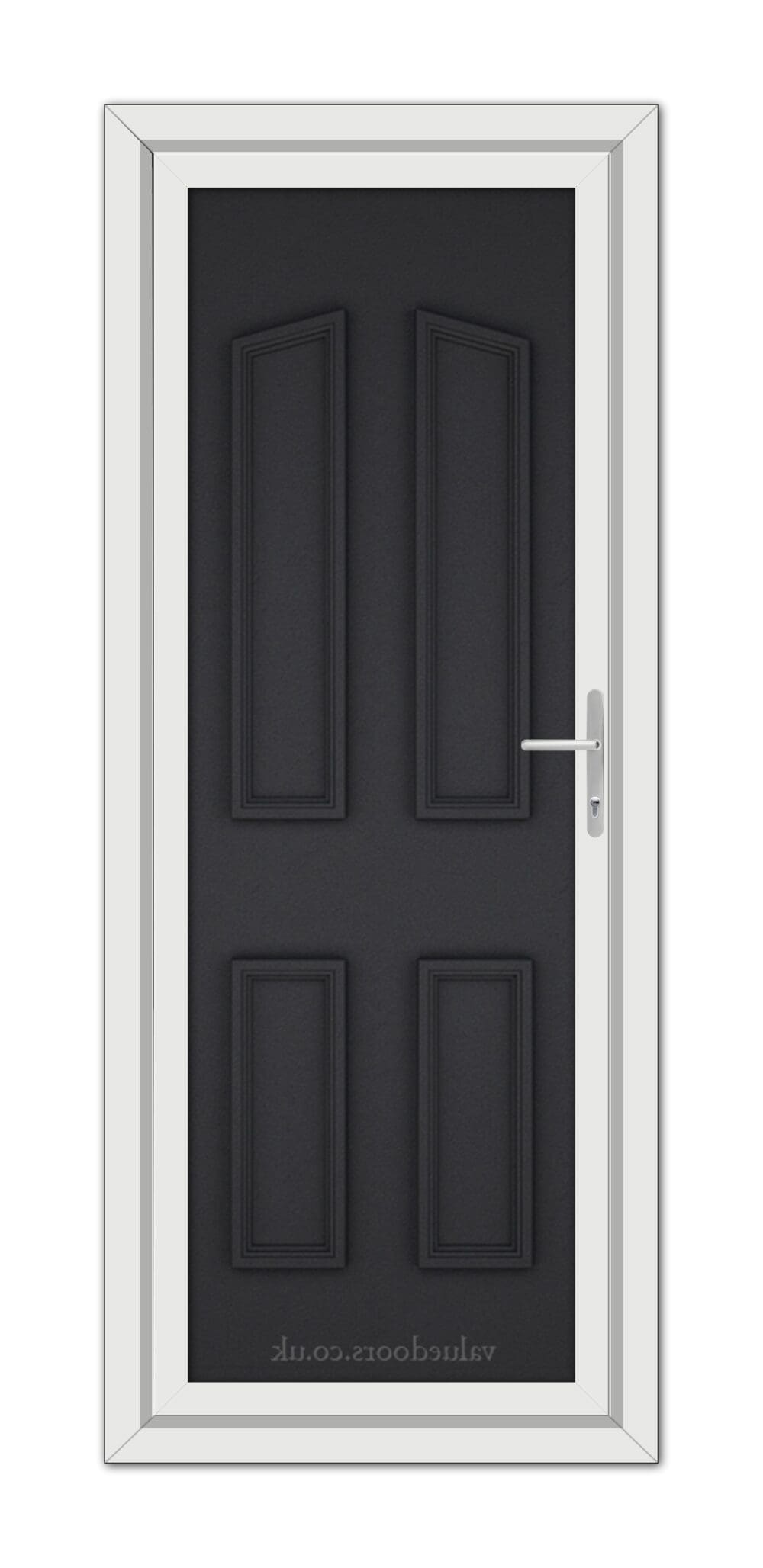 A vertical image of a modern Black Brown Kensington Solid uPVC Door with a white frame, featuring a silver handle on the right side.