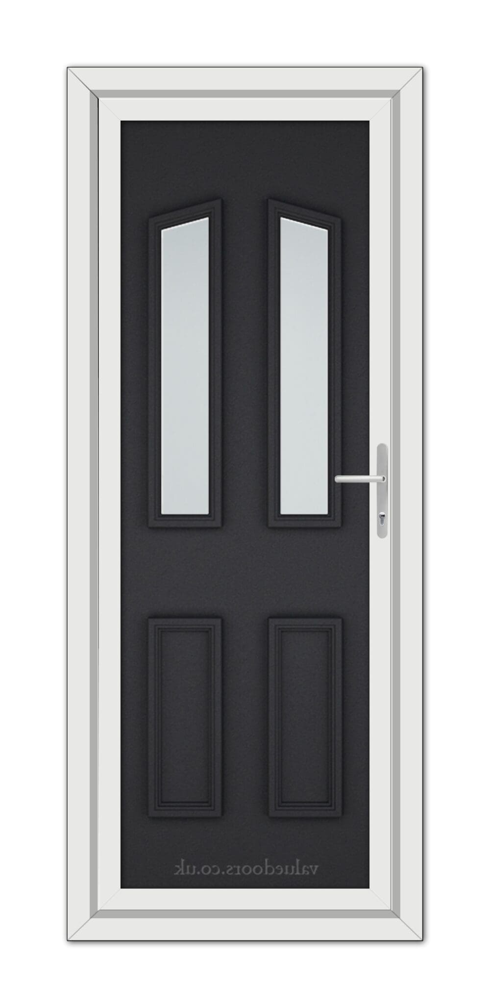 Modern black brown Kensington uPVC front door with two vertical glass panels and a silver handle, surrounded by a white frame.