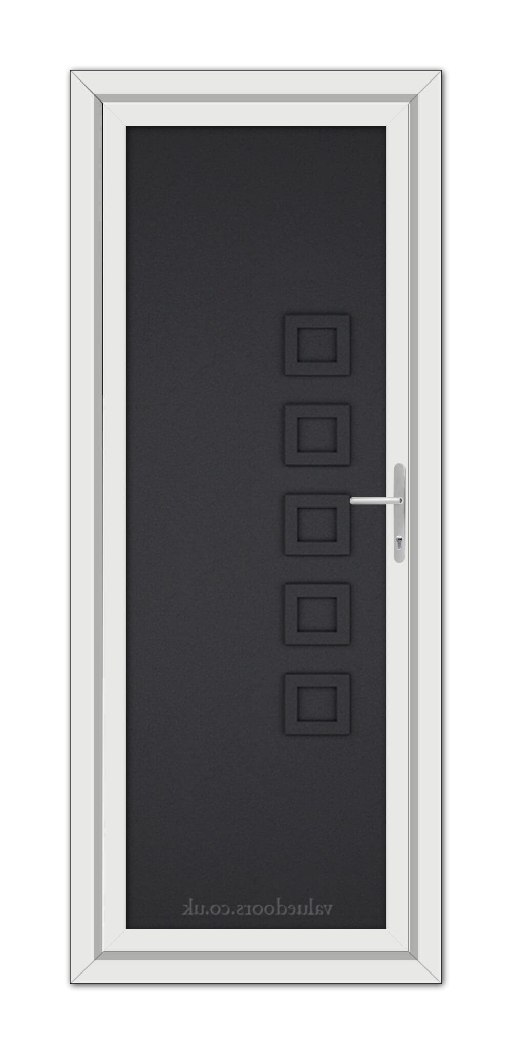 A modern, vertical Black Brown Malaga Solid uPVC door with a dark panel featuring five square windows arranged linearly and a metallic handle on the right.