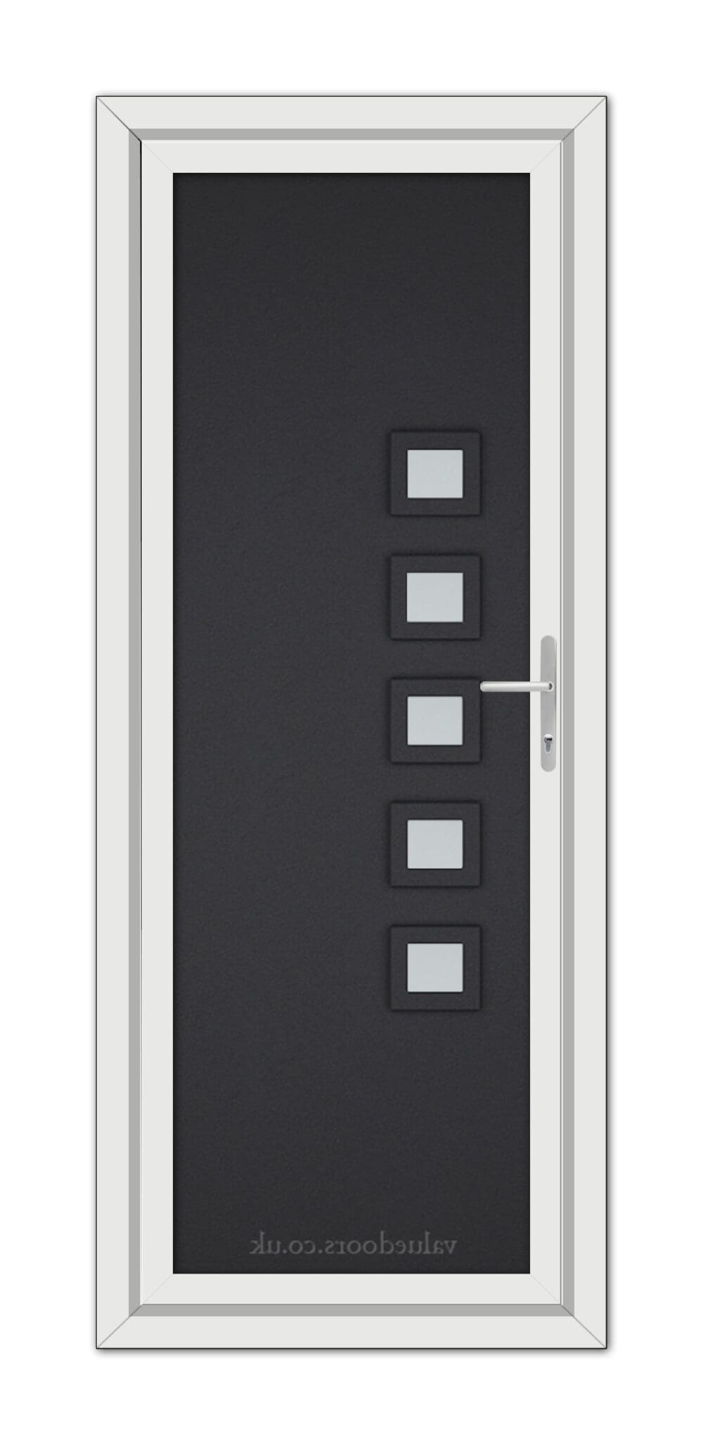 A modern Black Brown Malaga uPVC door with a dark gray surface, featuring six small rectangular windows and a metal handle, set in a white frame.