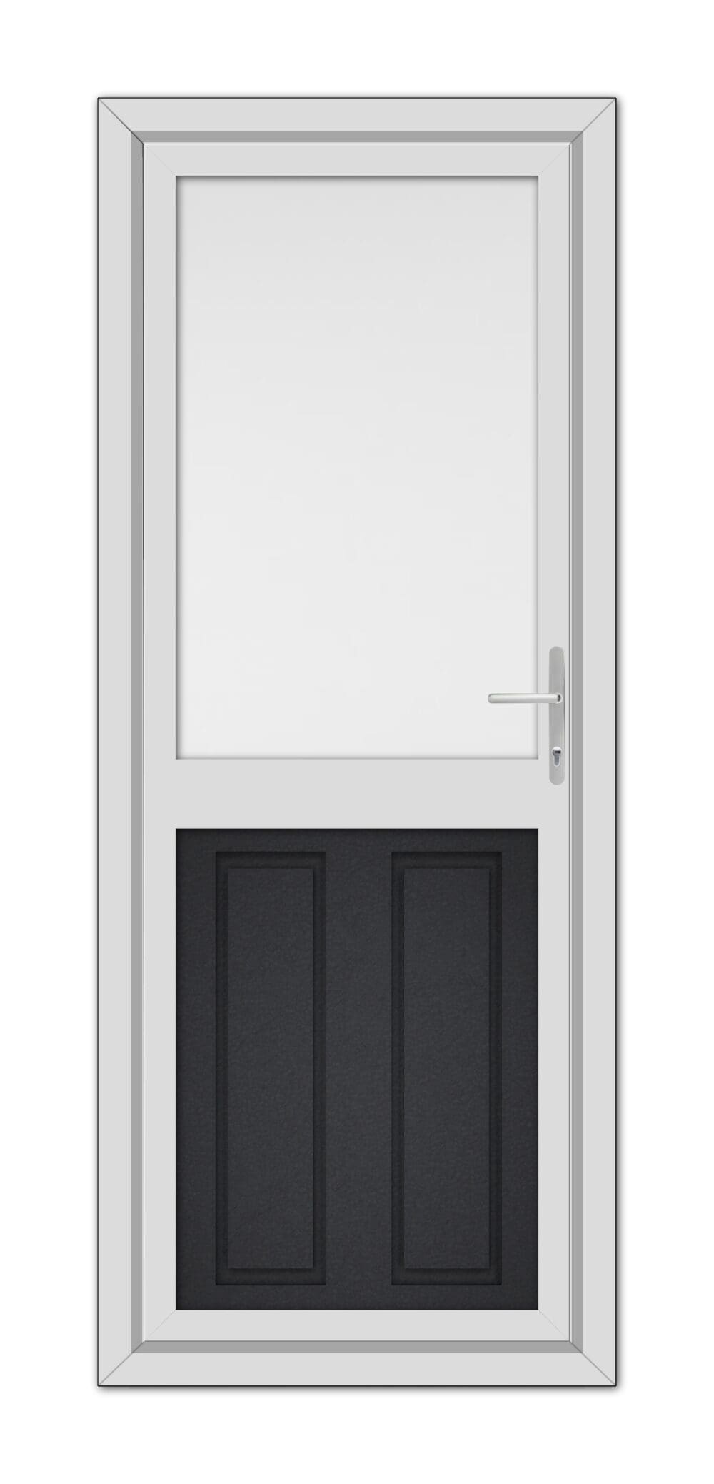 A modern Black Brown Manor Half uPVC Back Door featuring a top window and two lower black panels, equipped with a metal handle, isolated on a white background.